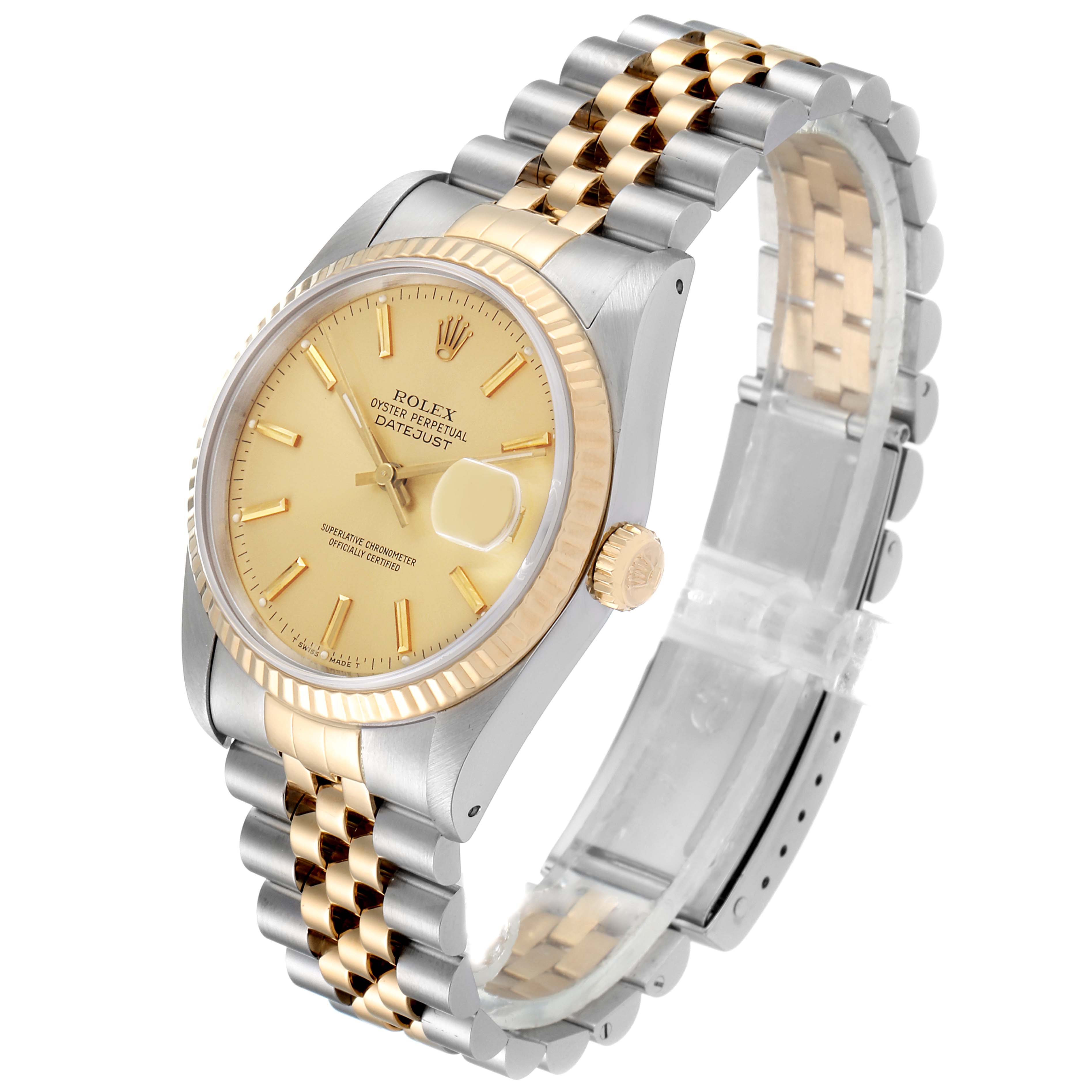 The image shows a Rolex Datejust 16233 Men's Steel and Gold (two tone) Champagne Dial 16233 Men's Steel and Gold (two tone) Champagne Dial watch at a slight angle from the front, displaying the face, bezel, crown, and bracelet.