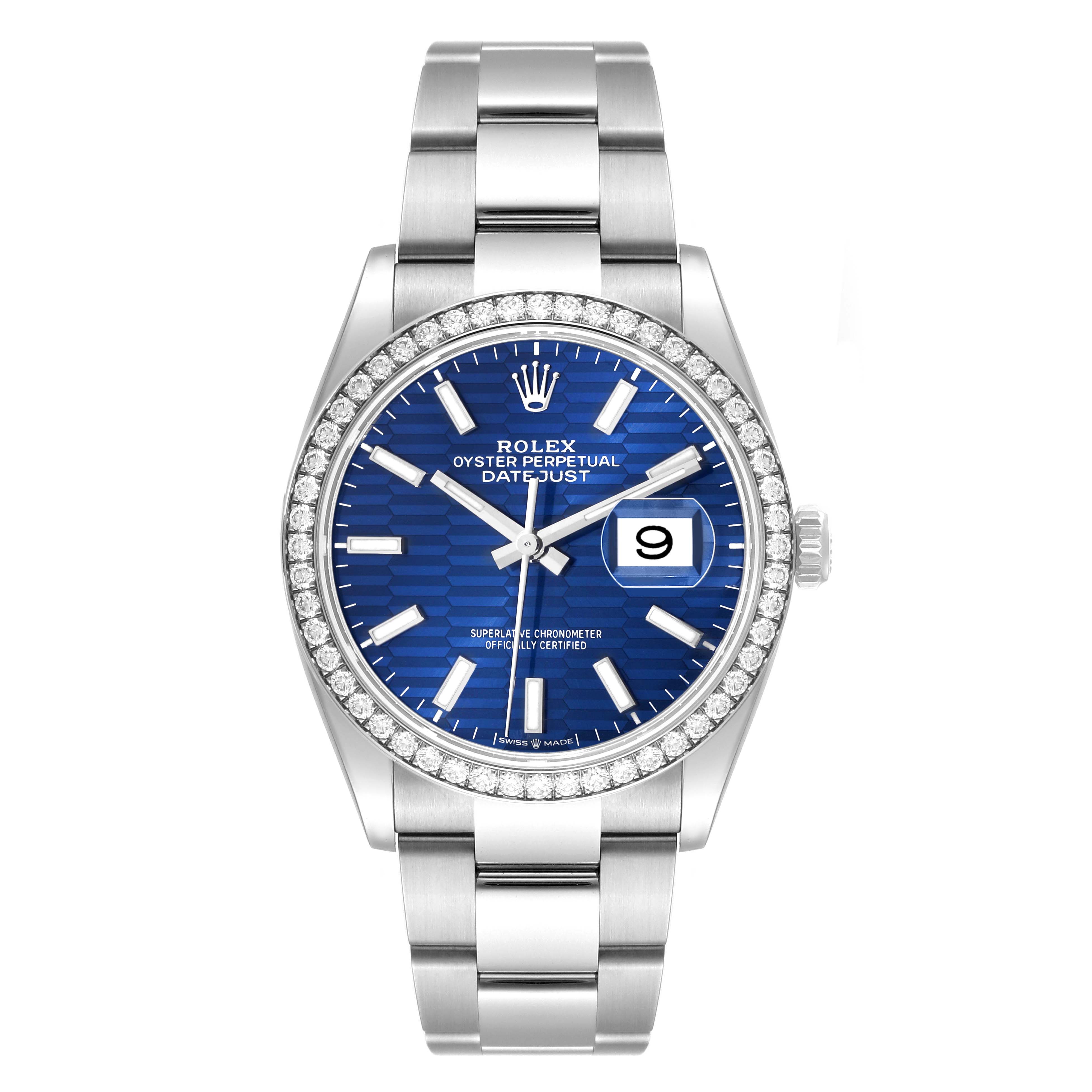 This image shows a front view of the Rolex Datejust 126284RBR Men's Stainless Steel Blue Dial 126284RBR Men's Stainless Steel Blue Dial watch, displaying its dial, bezel, and bracelet.