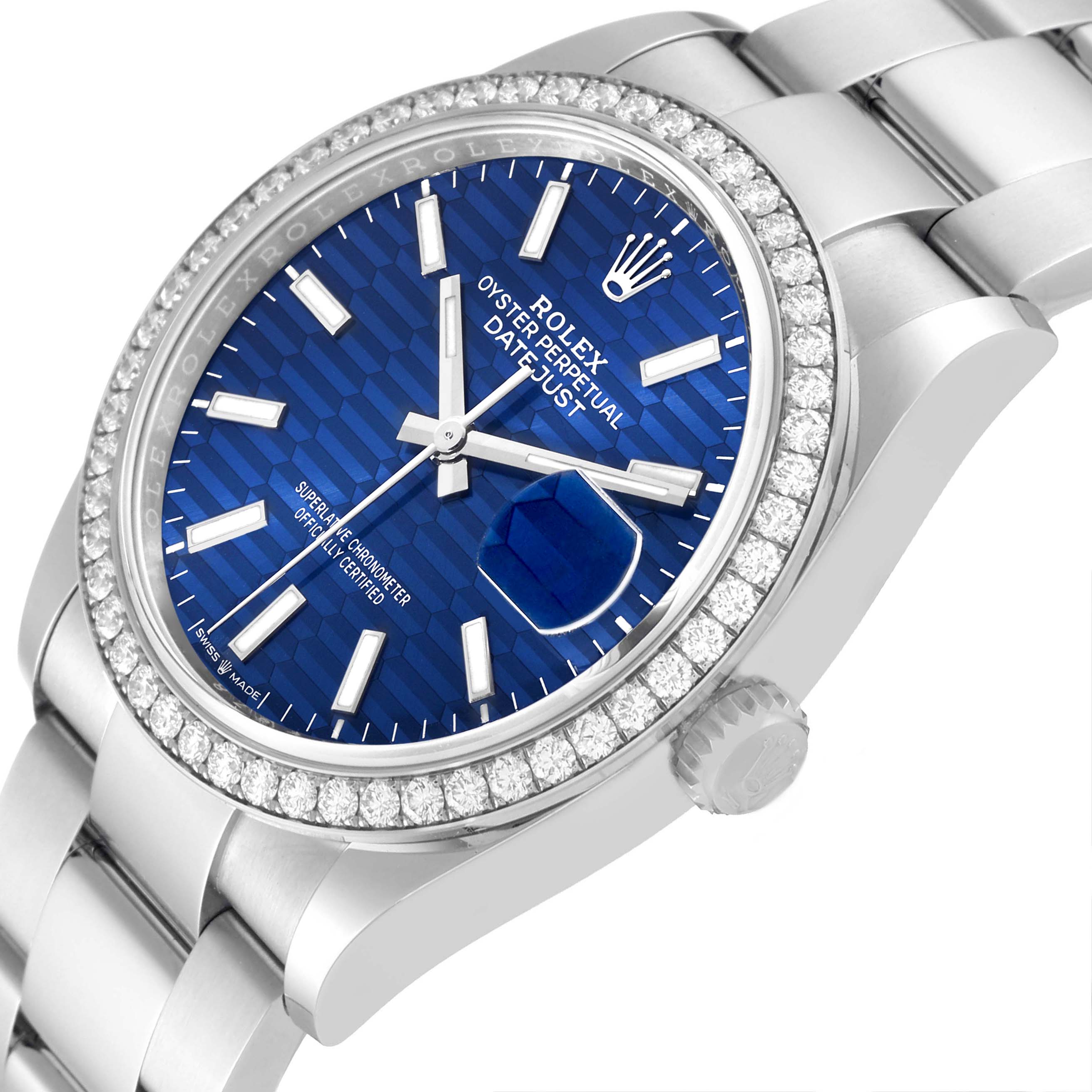 This image shows a close-up, angled view of a Rolex Datejust 126284RBR Men's Stainless Steel Blue Dial 126284RBR Men's Stainless Steel Blue Dial watch with a blue dial, diamond bezel, and silver bracelet.