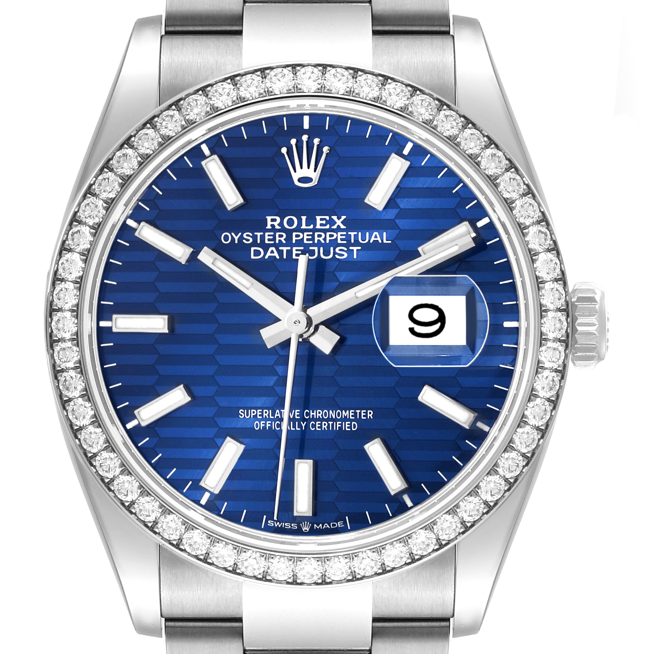 The image shows a front view of a Rolex Datejust 126284RBR Men's Stainless Steel Blue Dial 126284RBR Men's Stainless Steel Blue Dial watch, highlighting its blue dial, diamond bezel, and date window at 3 o'clock.