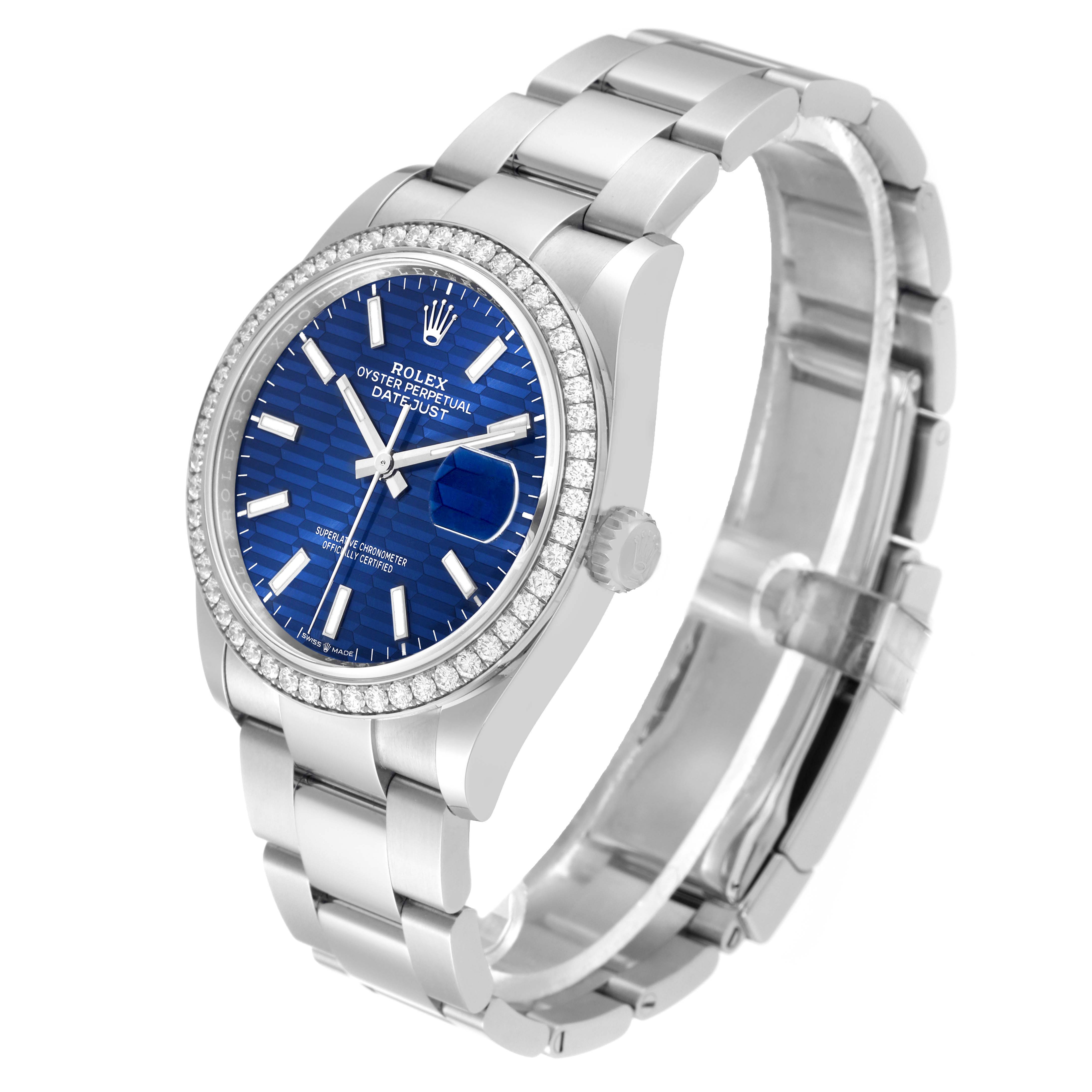The image shows a blue Rolex Datejust 126284RBR Men's Stainless Steel Blue Dial 126284RBR Men's Stainless Steel Blue Dial watch at a slight angle, displaying the face, bezel, crown, and bracelet.
