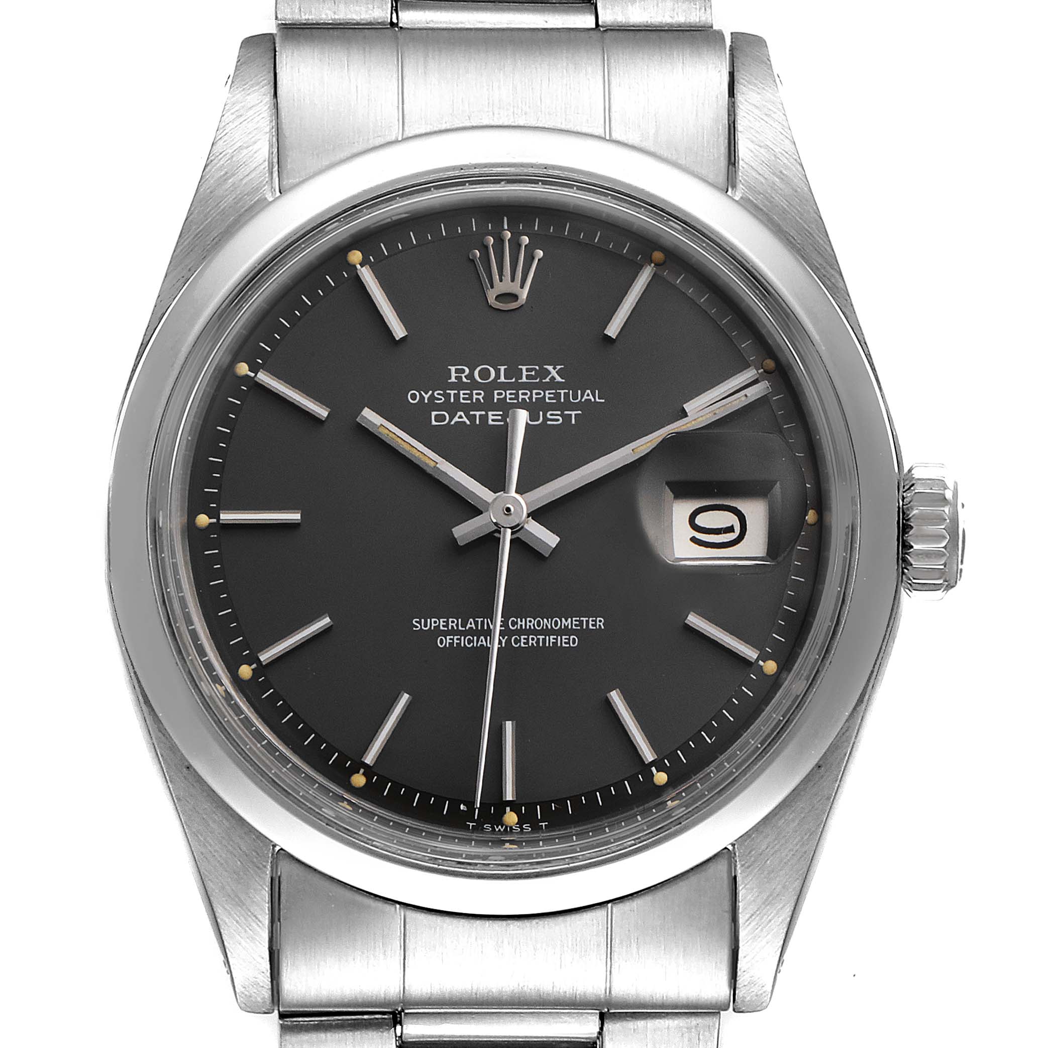 The image shows a front view of the Rolex Vintage Collection 1600 Men's Stainless Steel Grey Dial 1600 Men's Stainless Steel Grey Dial Oyster Perpetual Datejust watch, highlighting its face and bracelet.