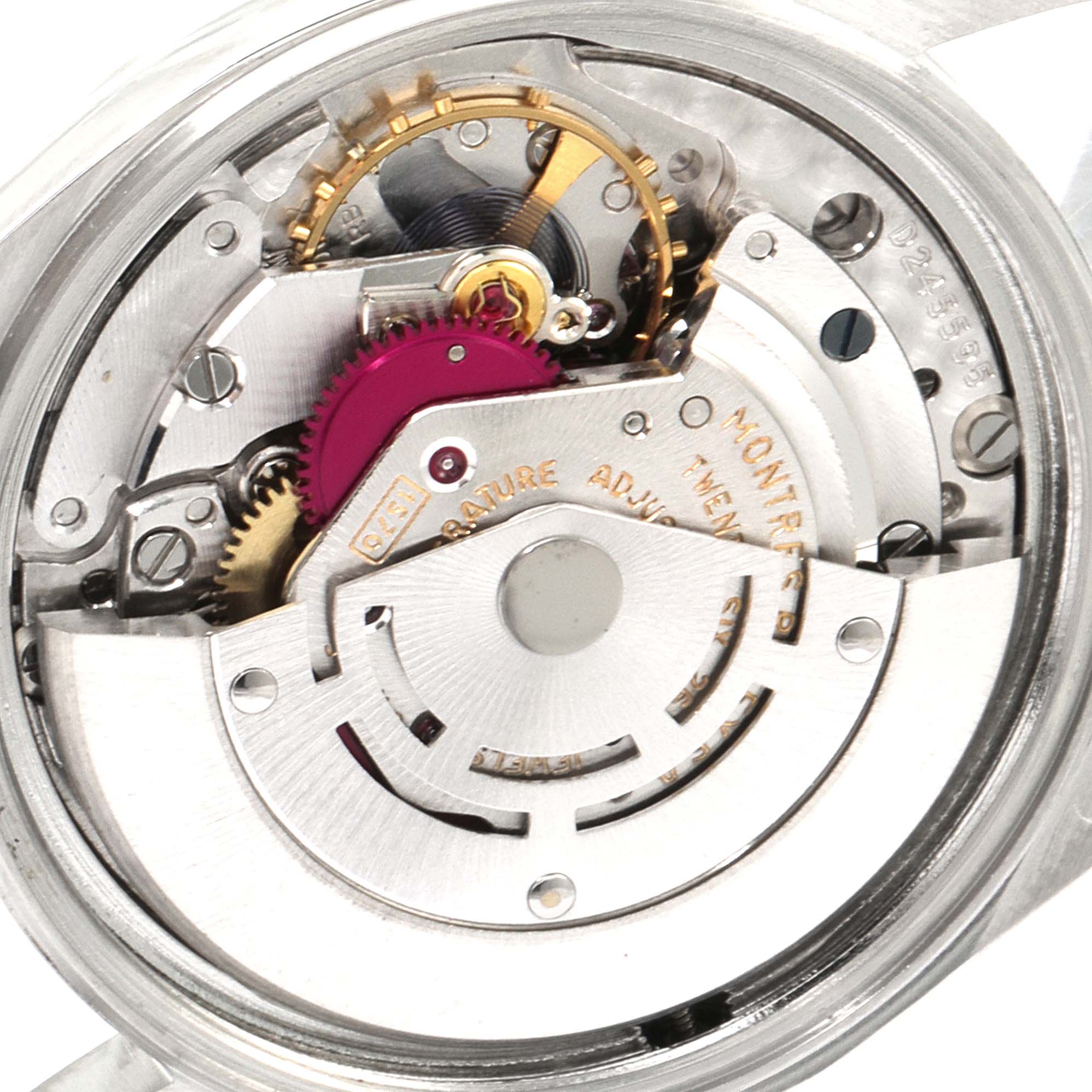 The image shows a close-up of the movement mechanism of the Rolex Vintage Collection 1600 Men's Stainless Steel Grey Dial 1600 Men's Stainless Steel Grey Dial watch.