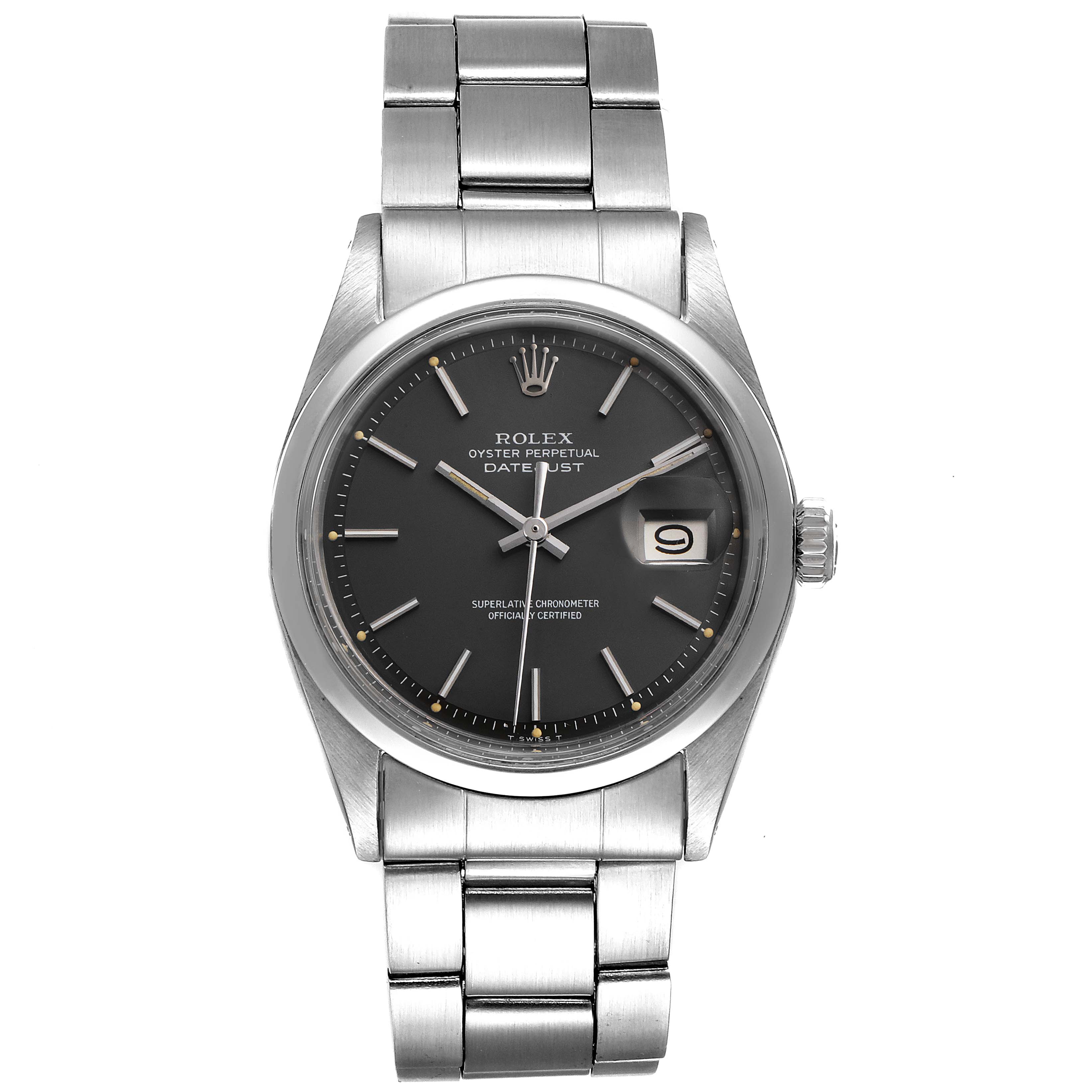 The Rolex Vintage Collection 1600 Men's Stainless Steel Grey Dial 1600 Men's Stainless Steel Grey Dial model watch is shown from a top-down angle, displaying the face, bracelet, and crown.