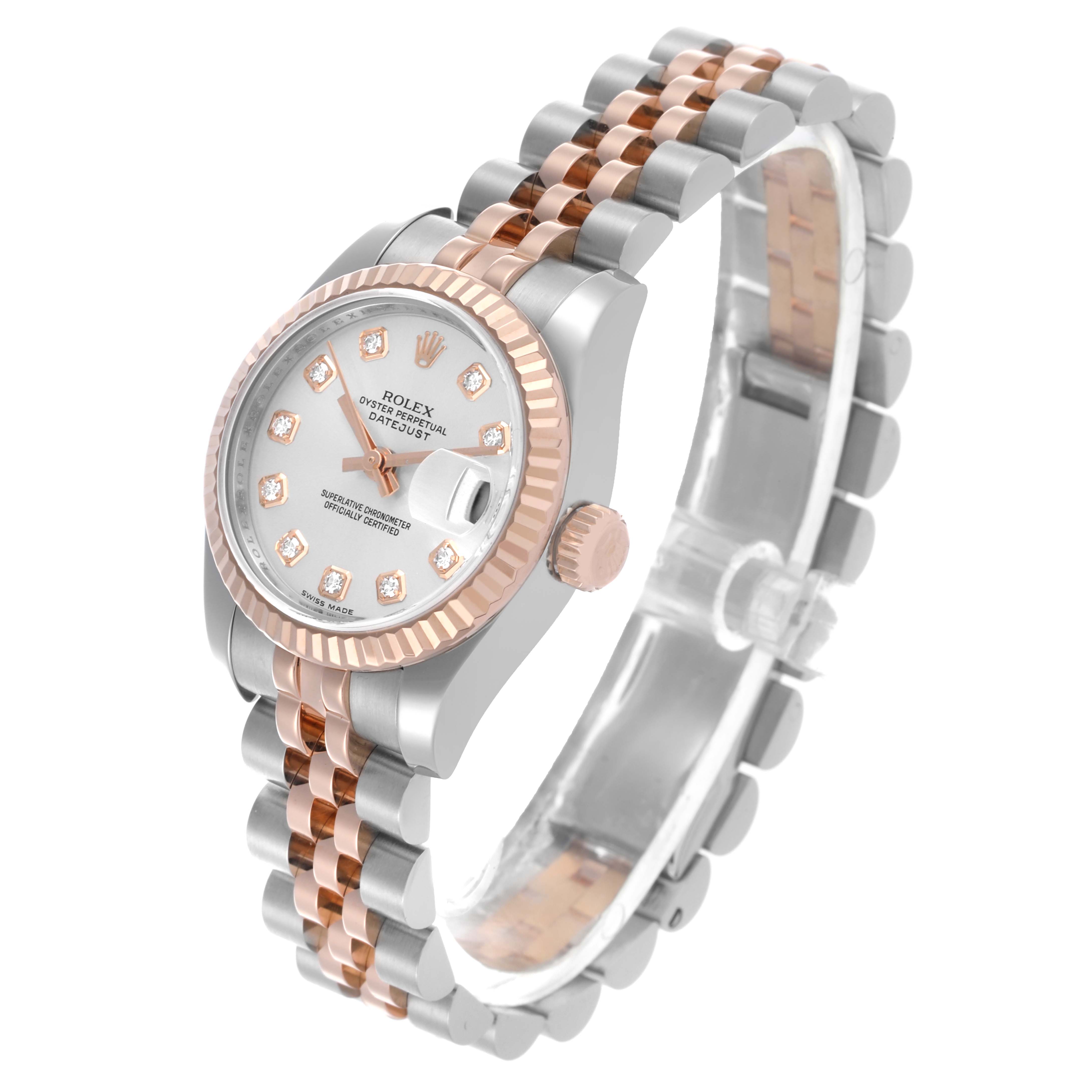 The Rolex Datejust 179171 Women's Steel and Gold (two tone) Silver Dial 179171 Women's Steel and Gold (two tone) Silver Dial watch is shown at an angled view, displaying the face, bezel, and Jubilee bracelet.