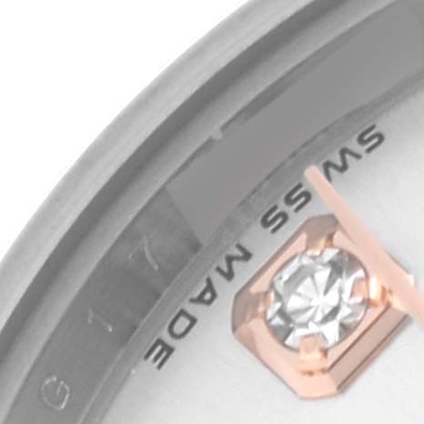 The image shows a close-up of the dial edge and diamond marker of a Rolex Datejust 179171 Women's Steel and Gold (two tone) Silver Dial 179171 Women's Steel and Gold (two tone) Silver Dial watch, highlighting "SWISS MADE."