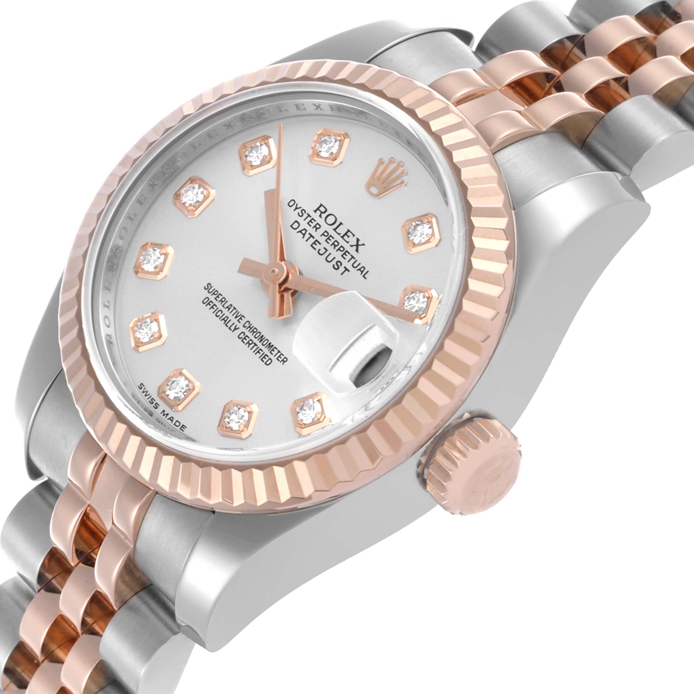 The Rolex Datejust 179171 Women's Steel and Gold (two tone) Silver Dial 179171 Women's Steel and Gold (two tone) Silver Dial watch is shown at an angle highlighting the dial, bezel, and part of the bracelet.