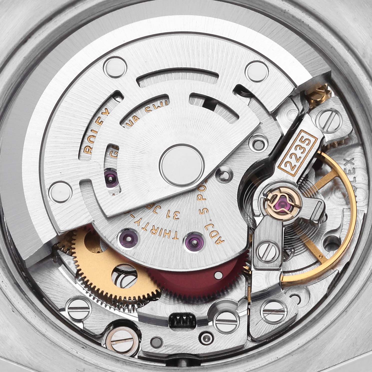 The image shows the movement mechanism of a Rolex Datejust 179171 Women's Steel and Gold (two tone) Silver Dial 179171 Women's Steel and Gold (two tone) Silver Dial watch from a top-down angle.