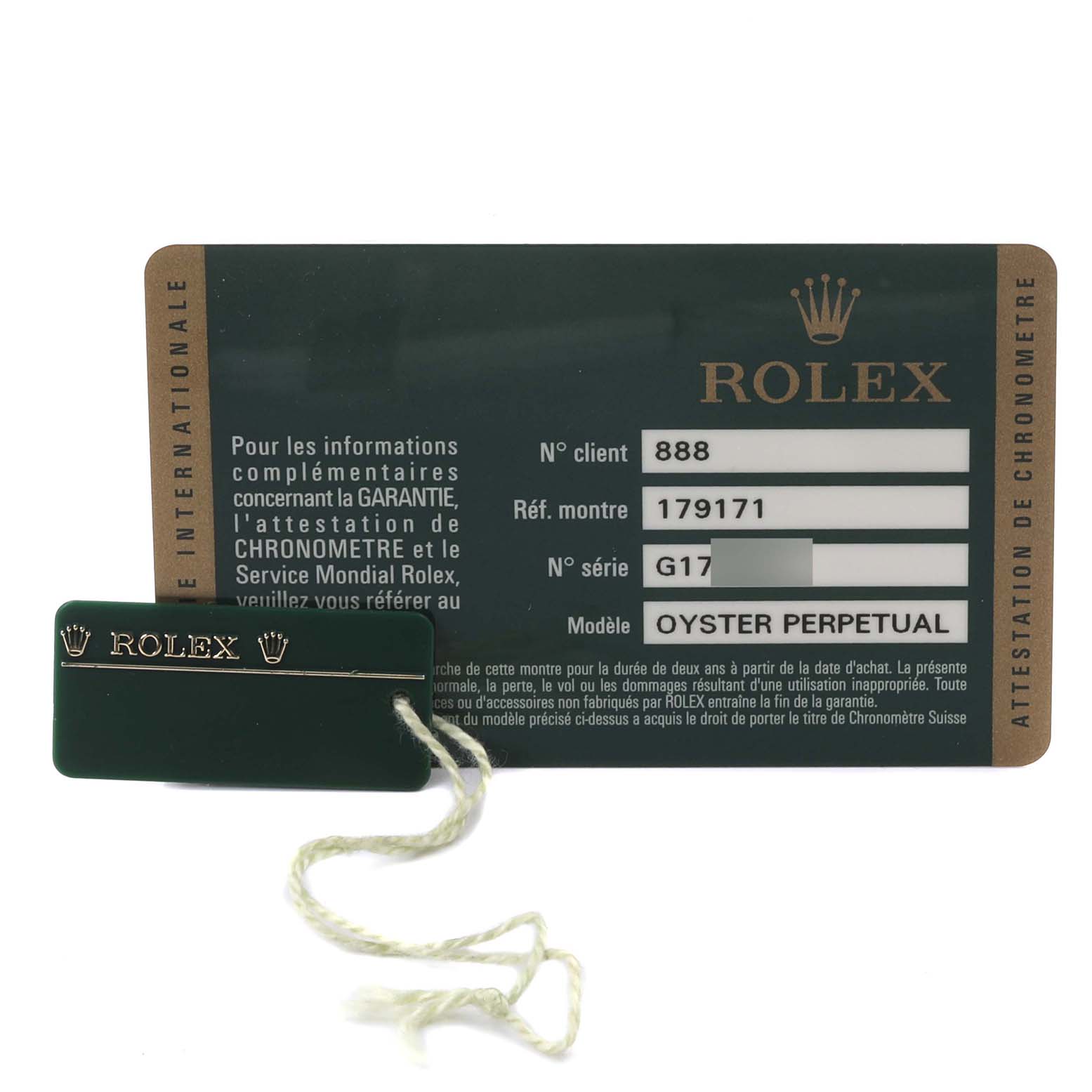 The image shows a Rolex Datejust 179171 Women's Steel and Gold (two tone) Silver Dial 179171 Women's Steel and Gold (two tone) Silver Dial warranty card and tag, displaying reference and serial numbers.