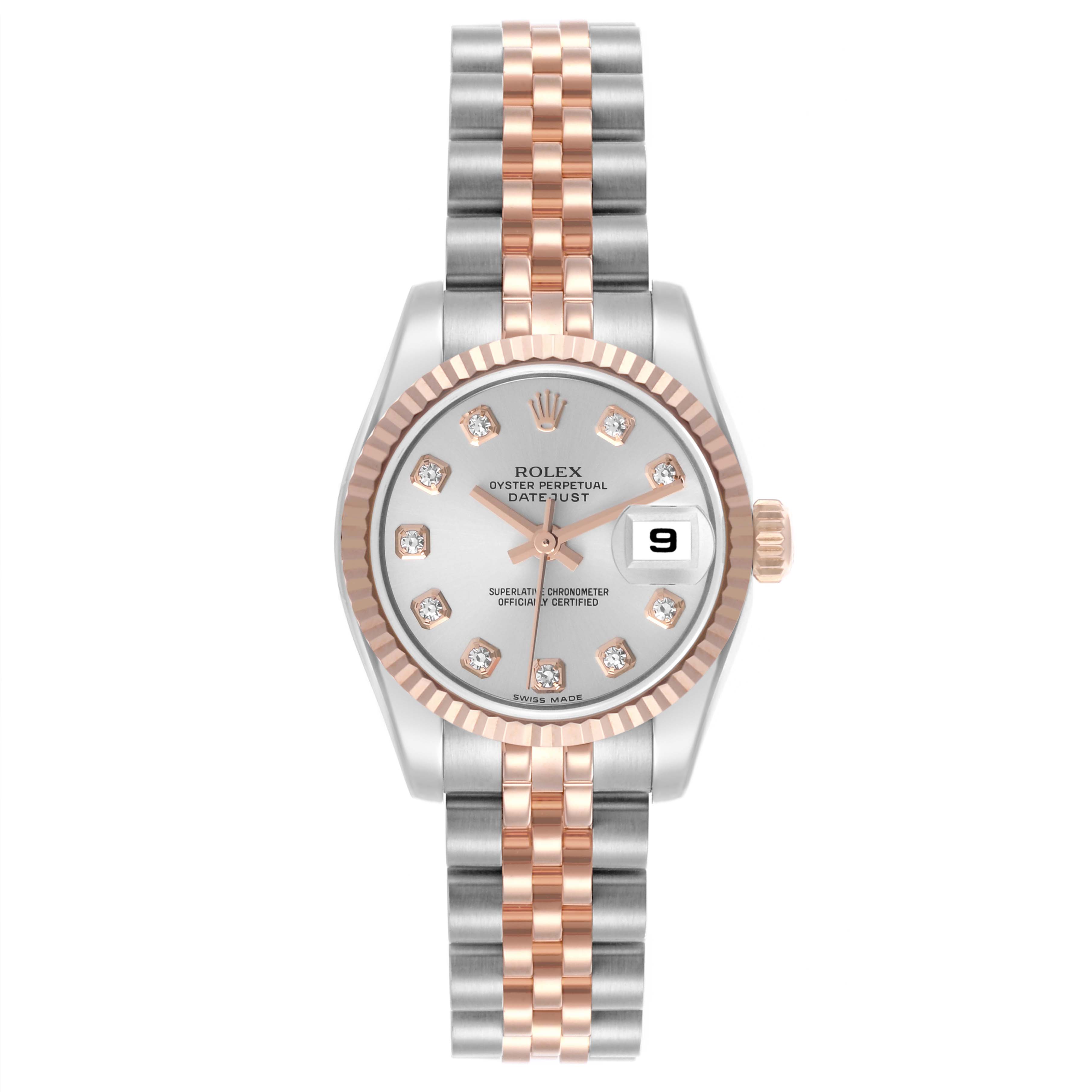 The Rolex Datejust 179171 Women's Steel and Gold (two tone) Silver Dial 179171 Women's Steel and Gold (two tone) Silver Dial watch is shown from a top-down angle, featuring the face, bezel, crown, and two-tone bracelet.