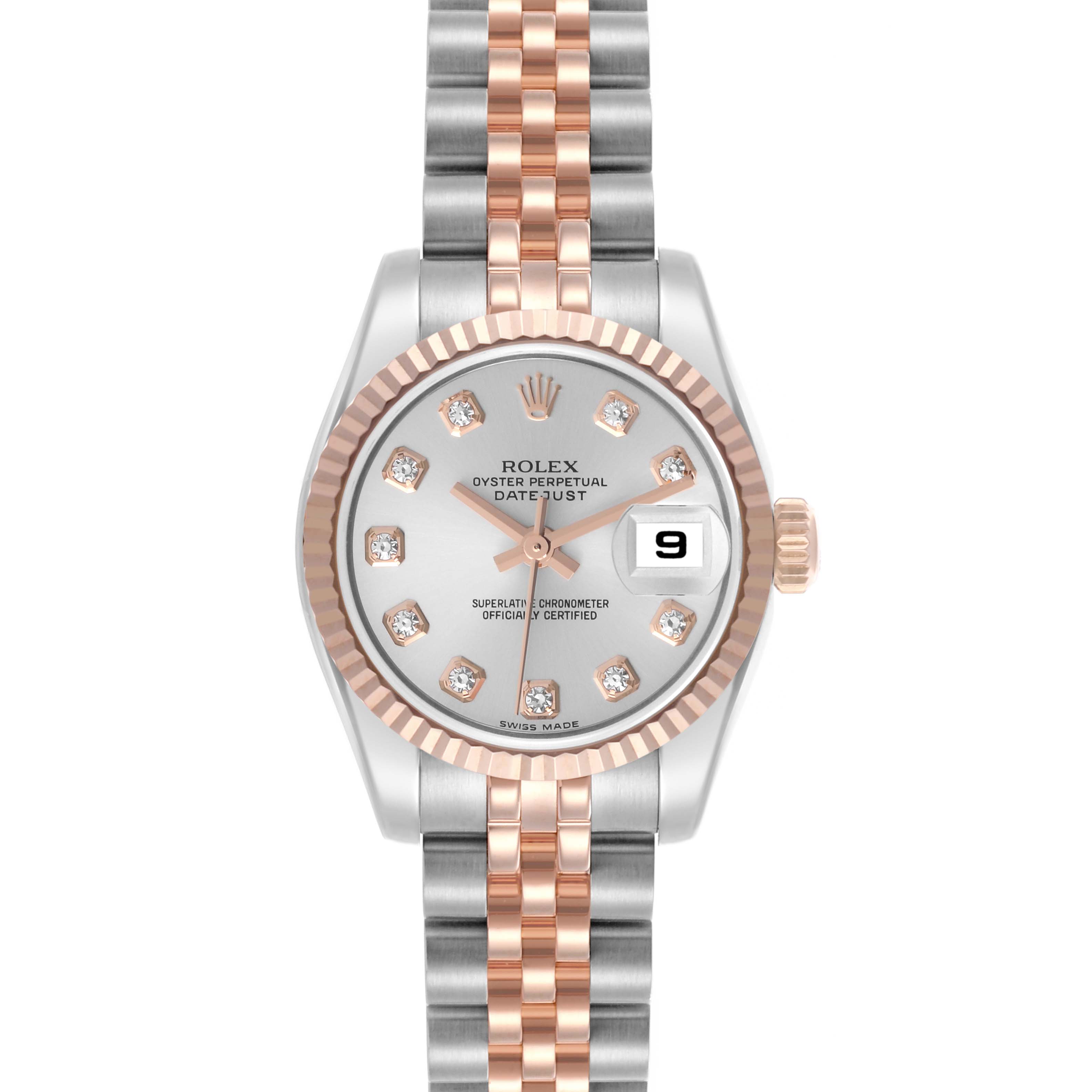 The image shows a front view of the Rolex Datejust 179171 Women's Steel and Gold (two tone) Silver Dial 179171 Women's Steel and Gold (two tone) Silver Dial watch, highlighting the dial, crown, and two-tone bracelet.