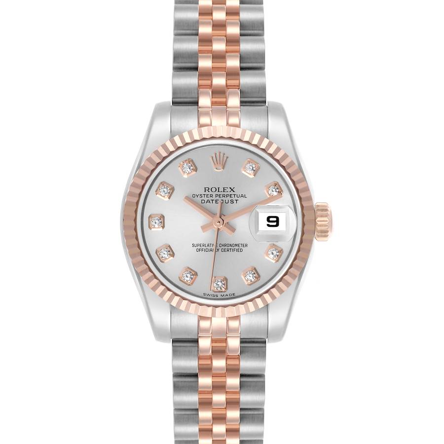 The image shows a front view of the Rolex Datejust watch, highlighting the dial, crown, and two-tone bracelet.