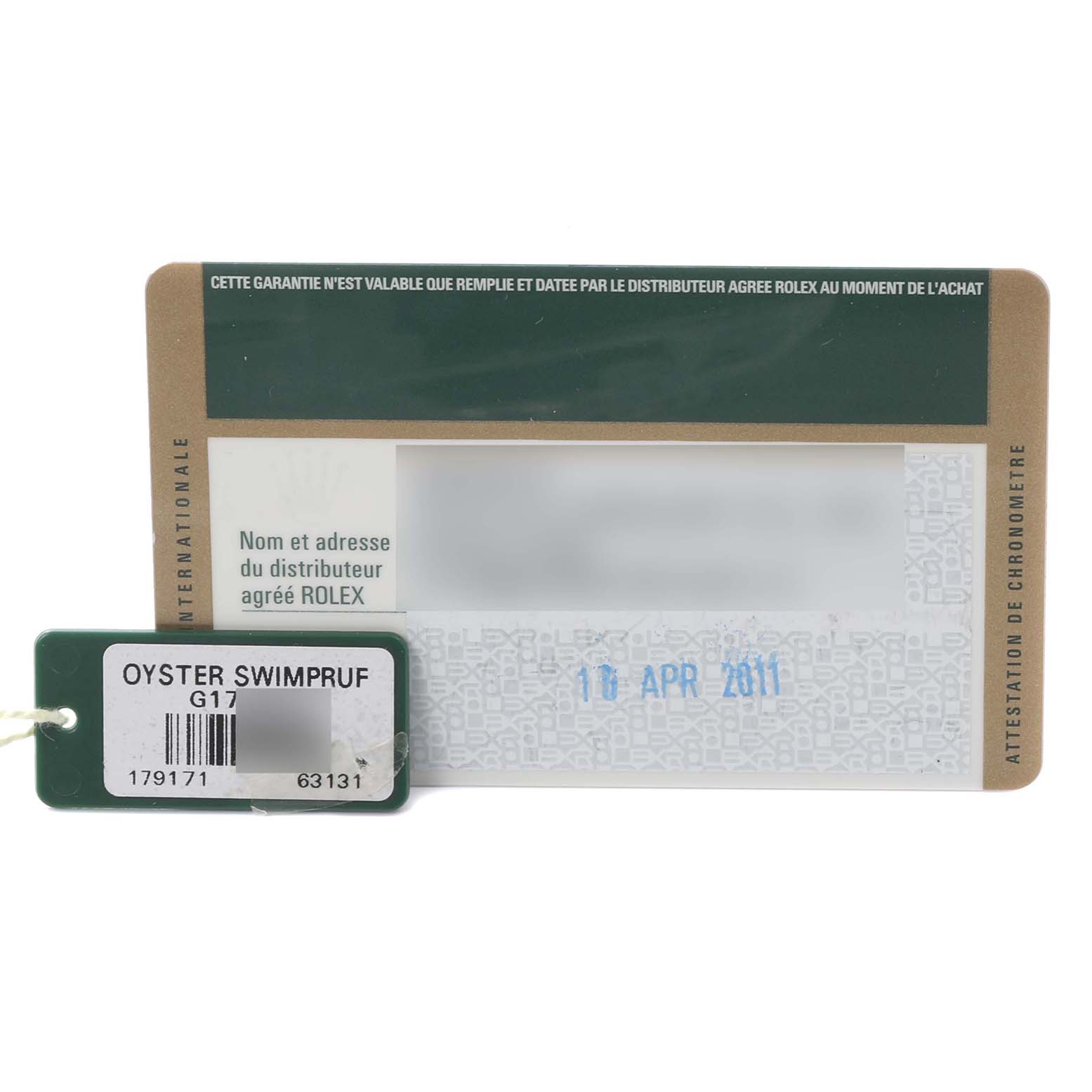 The image shows a warranty card and a tag for the Rolex Datejust 179171 Women's Steel and Gold (two tone) Silver Dial 179171 Women's Steel and Gold (two tone) Silver Dial watch.