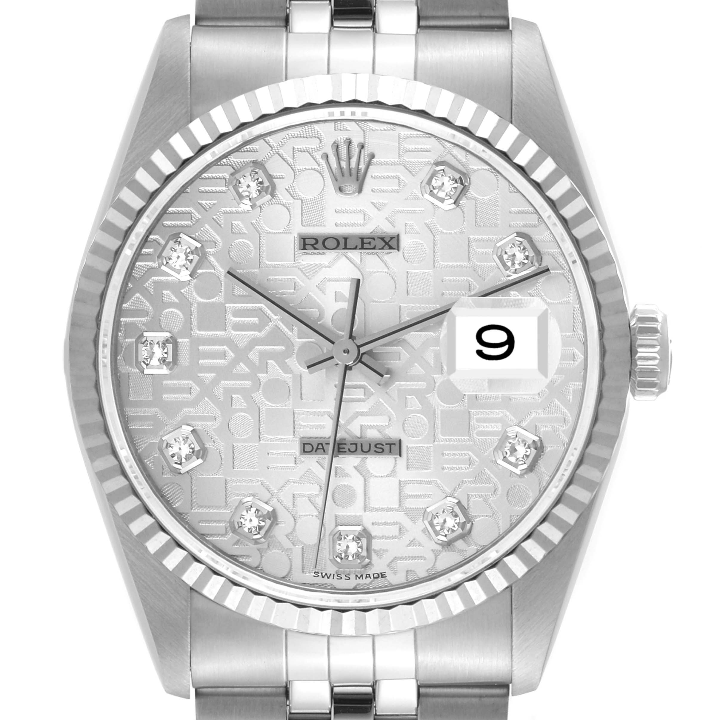 The image shows a front view of the Rolex Datejust 16234 Men's Stainless Steel Silver Dial 16234 Men's Stainless Steel Silver Dial watch, highlighting the dial, hands, date window, bezel, and part of the bracelet.
