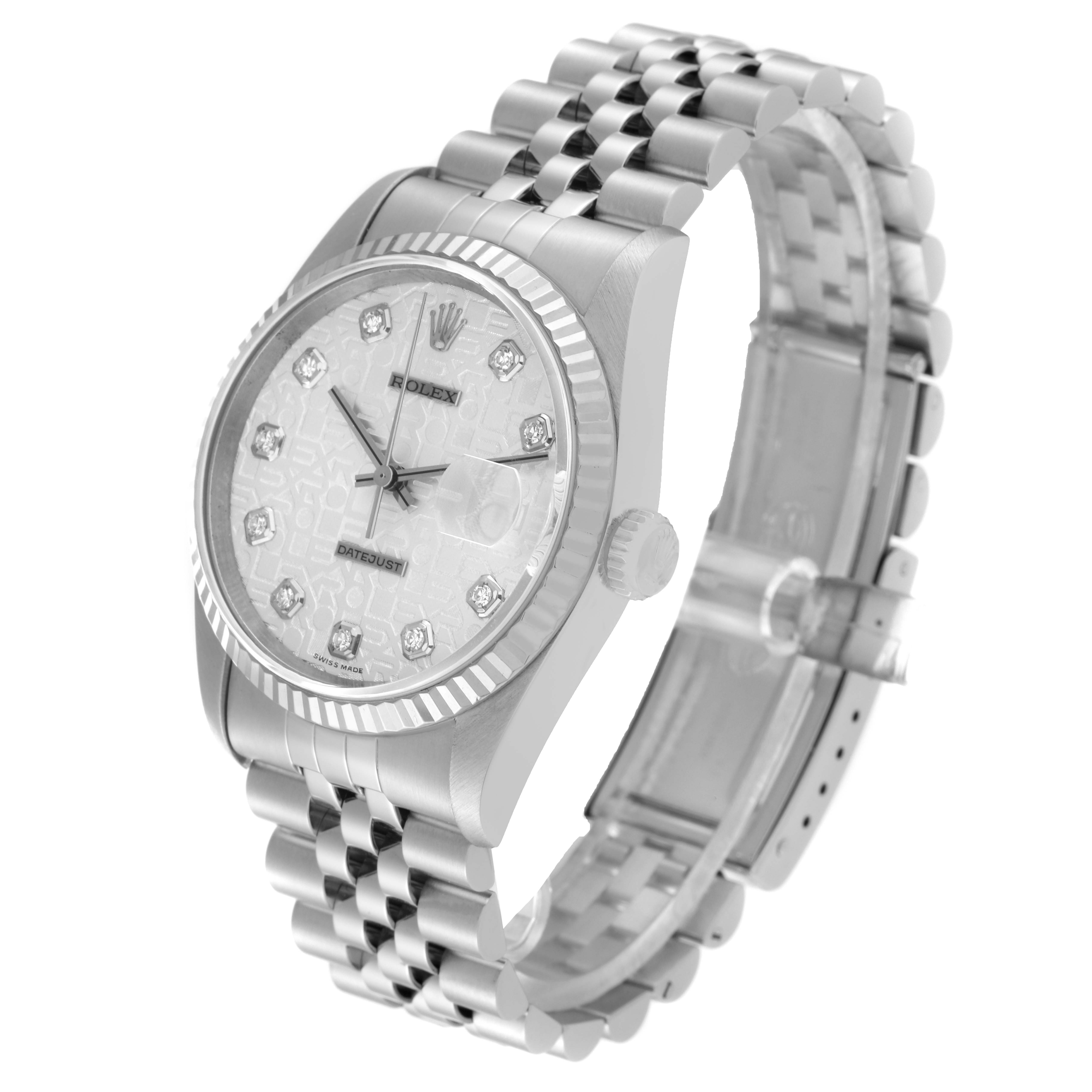 The image shows a side angle view of a Rolex Datejust 16234 Men's Stainless Steel Silver Dial 16234 Men's Stainless Steel Silver Dial watch, highlighting its face, bezel, and bracelet.