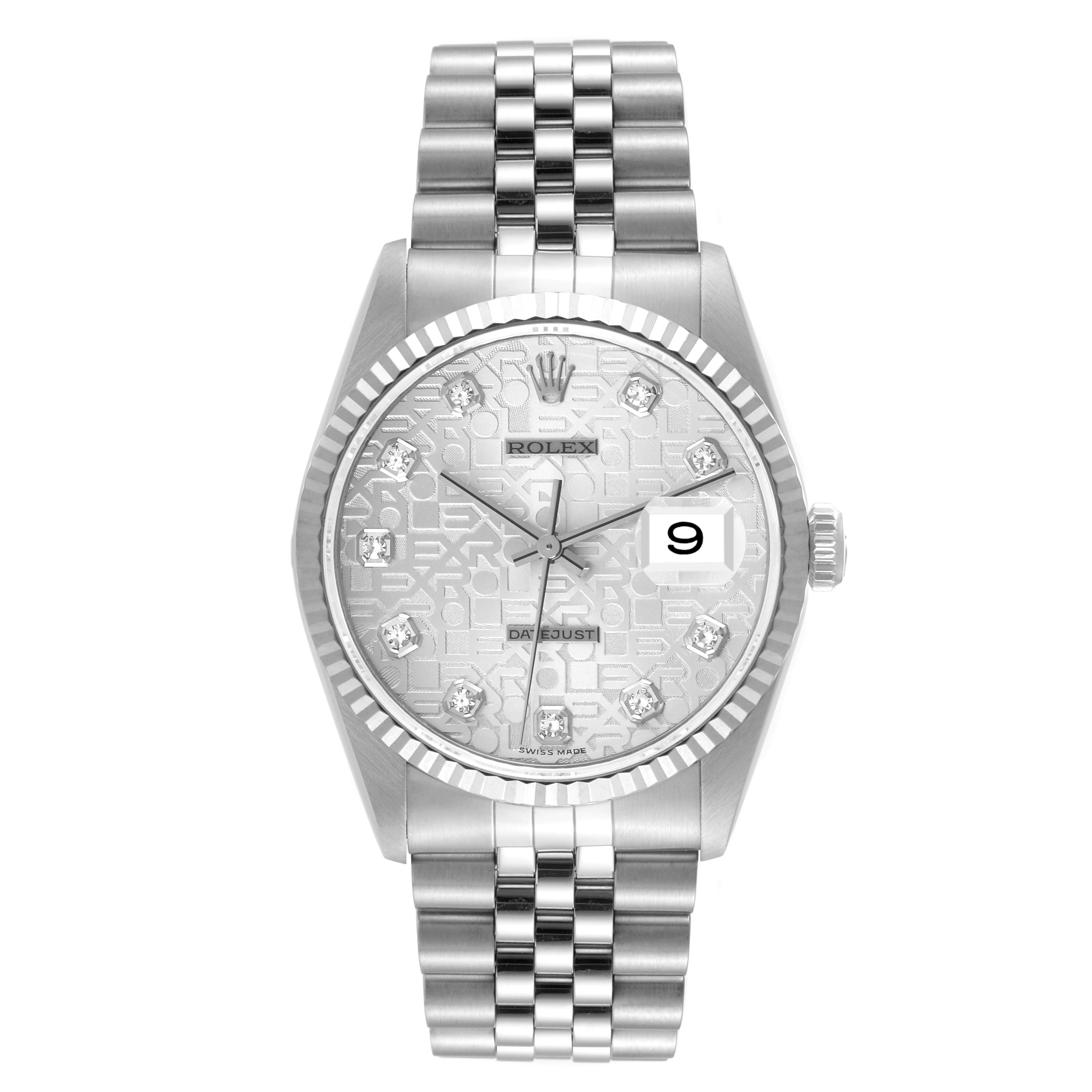This image shows a front view of a Rolex Datejust 16234 Men's Stainless Steel Silver Dial 16234 Men's Stainless Steel Silver Dial watch, including the dial, hands, bezel, crown, and bracelet.