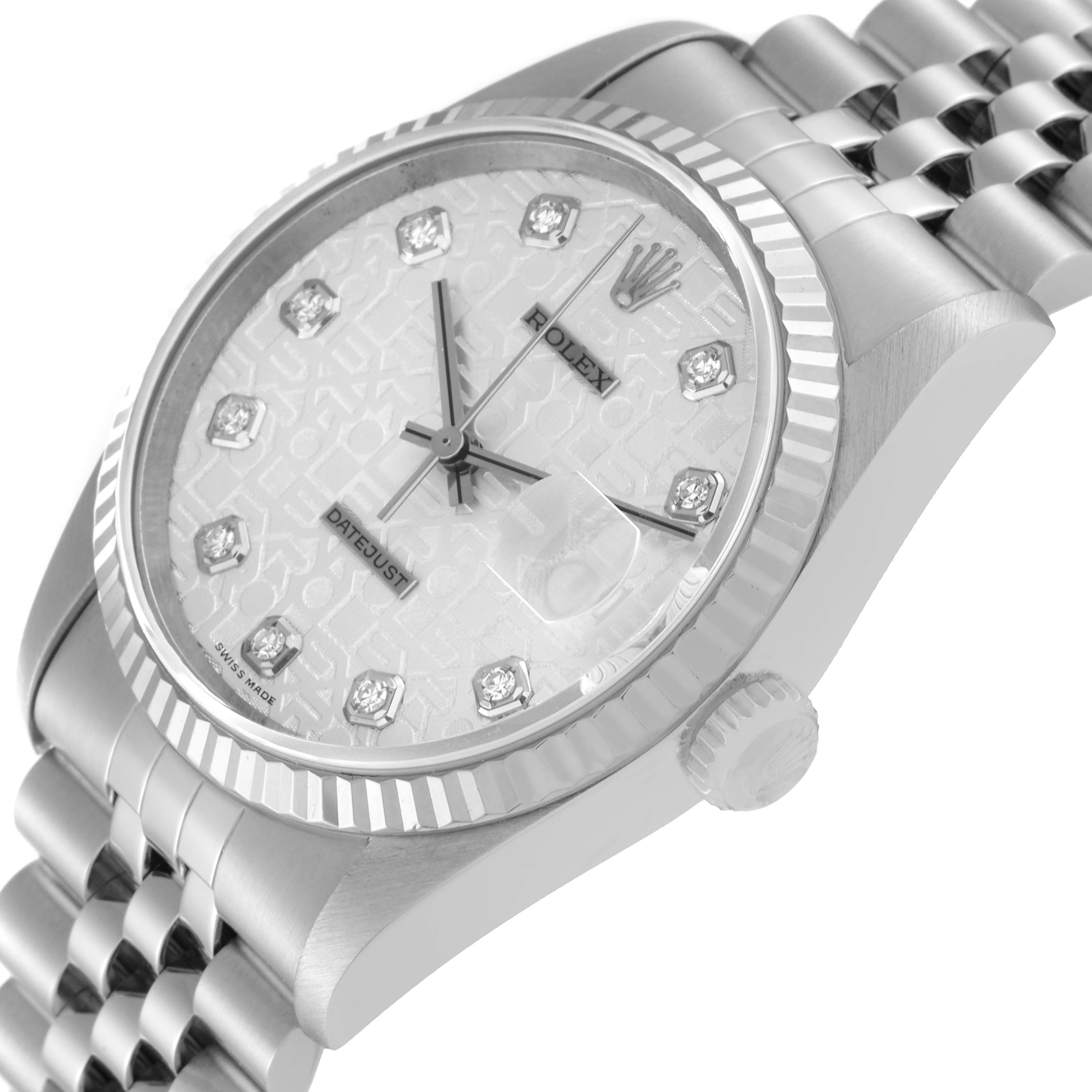 The image shows a close-up, angled view of a Rolex Datejust 16234 Men's Stainless Steel Silver Dial 16234 Men's Stainless Steel Silver Dial watch, highlighting its dial, bezel, crown, and part of the bracelet.