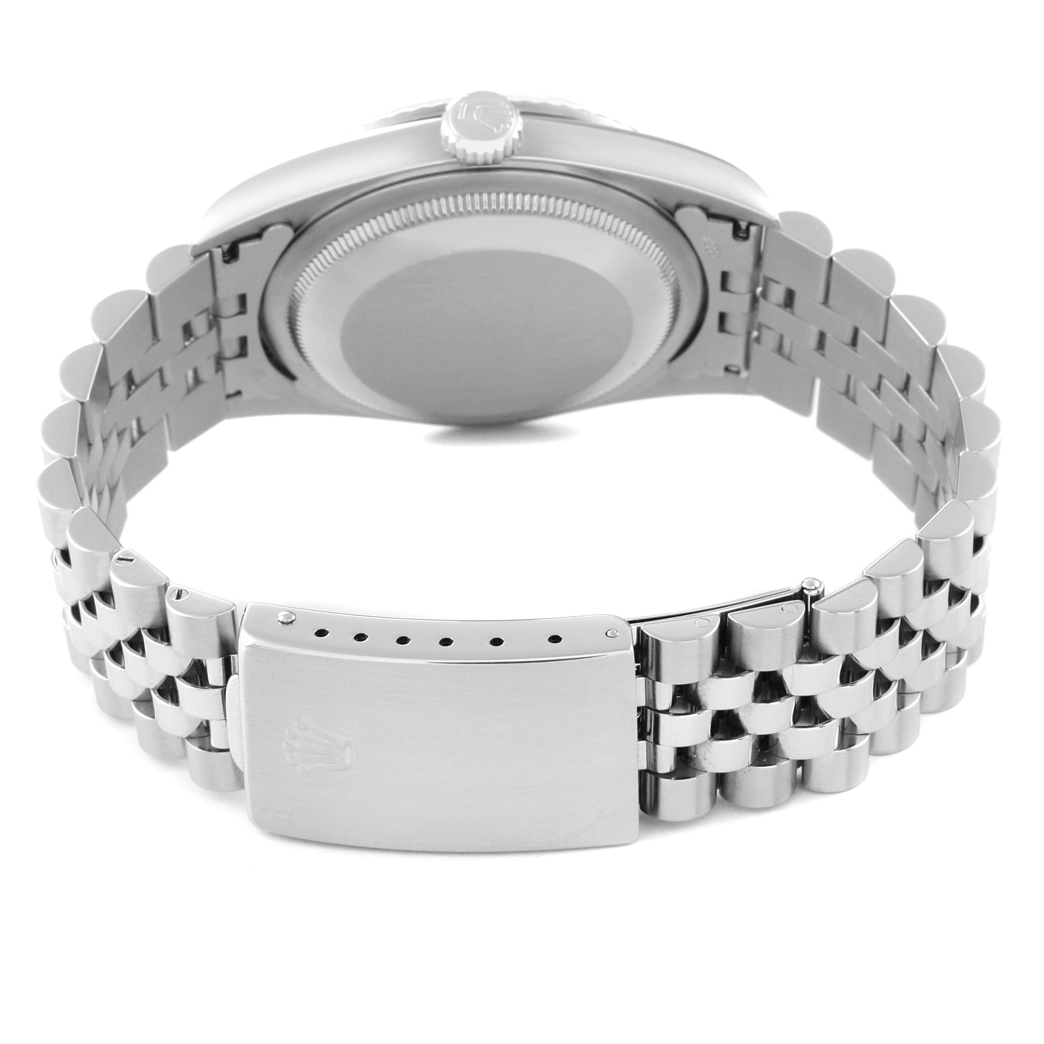 This image shows the back view of the Rolex Datejust 16234 Men's Stainless Steel Silver Dial 16234 Men's Stainless Steel Silver Dial model, focusing on the case back and Jubilee bracelet with clasp.