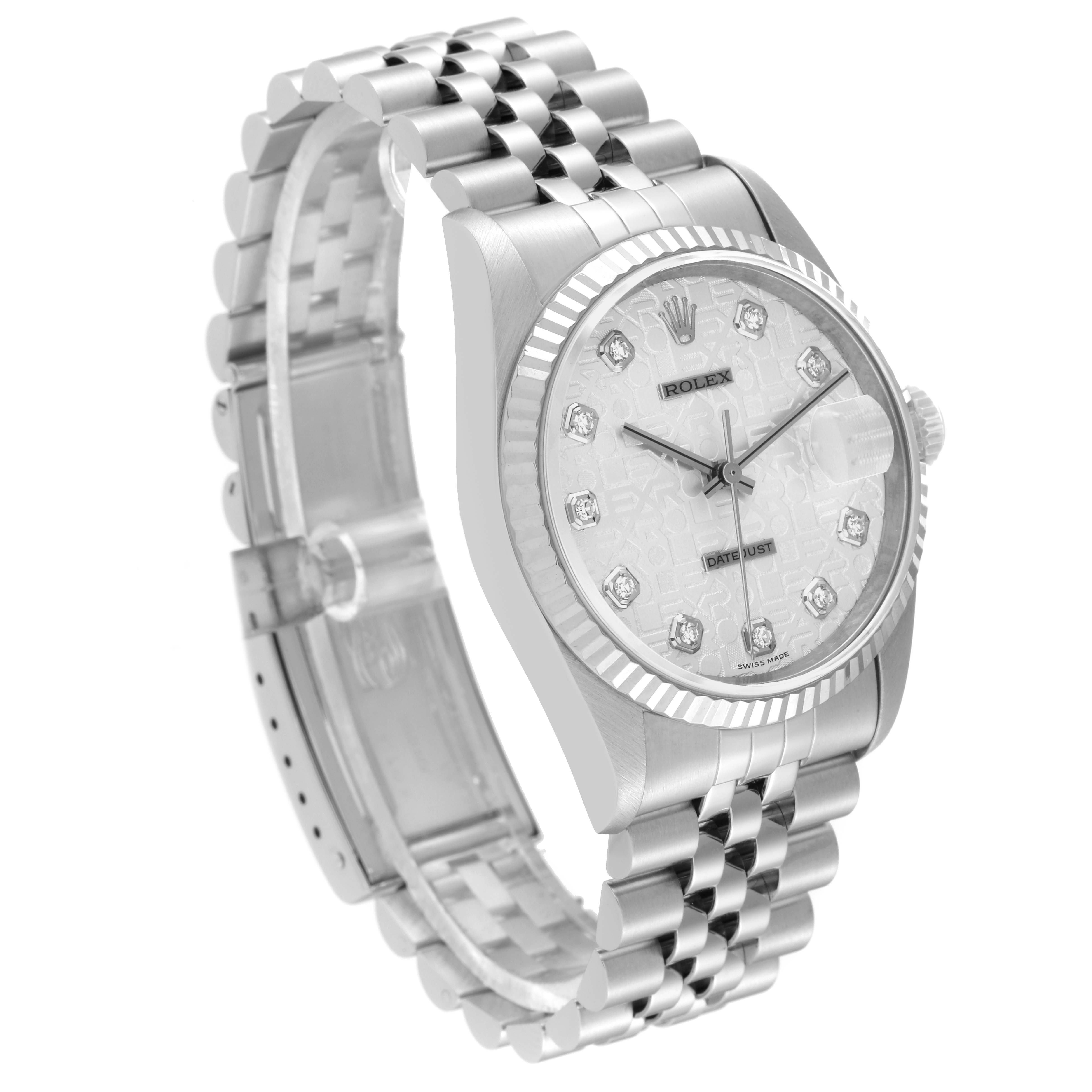 This image shows the Rolex Datejust 16234 Men's Stainless Steel Silver Dial 16234 Men's Stainless Steel Silver Dial watch from a three-quarter angle, highlighting its face, bezel, and metal bracelet.