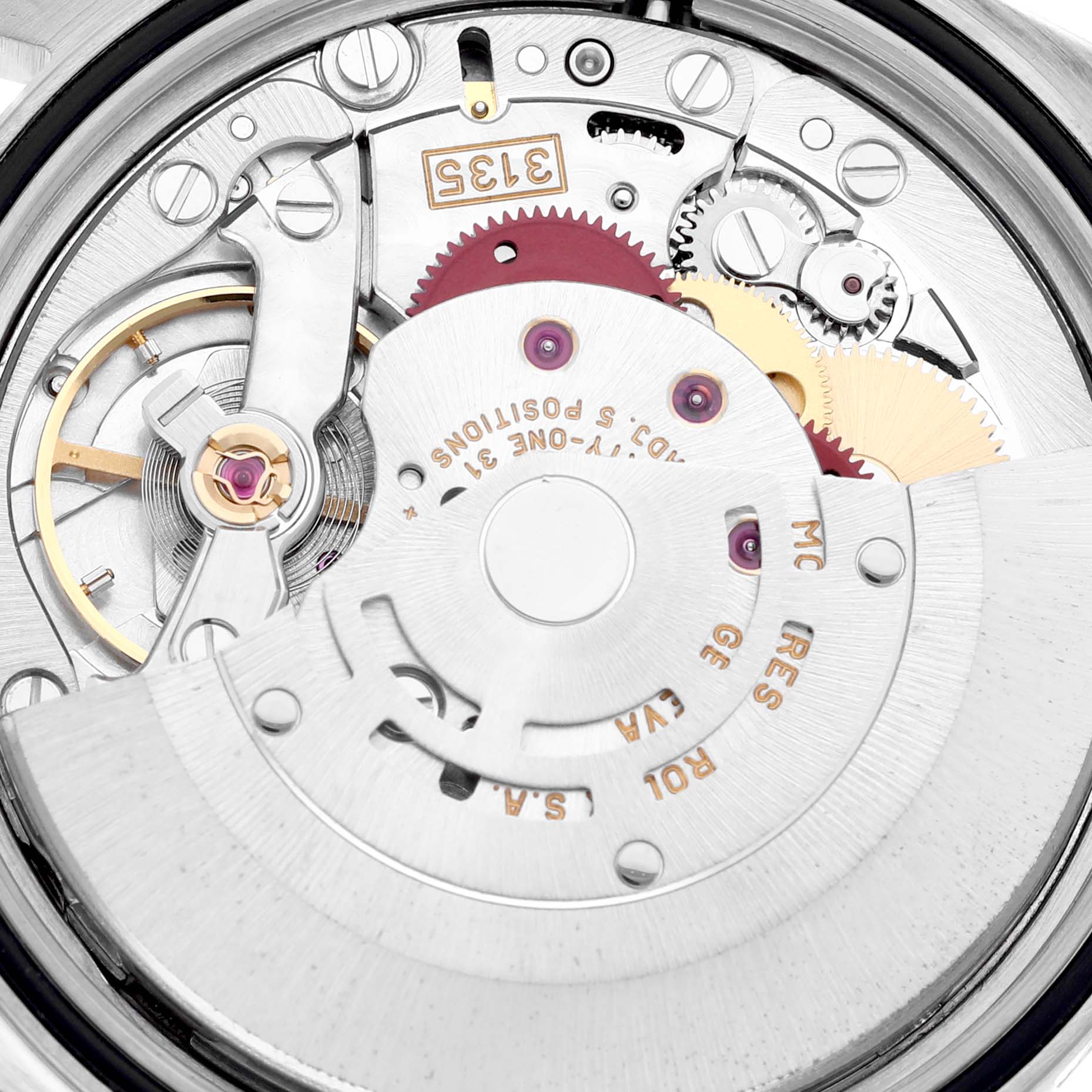 This close-up image shows the inner mechanical movement of the Rolex Datejust 16234 Men's Stainless Steel Silver Dial 16234 Men's Stainless Steel Silver Dial watch model.