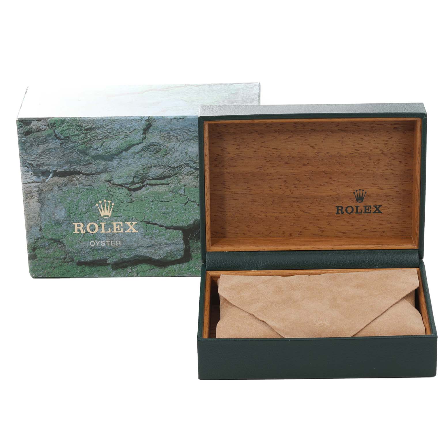 The image shows the open box and outer packaging for a Rolex Datejust 16234 Men's Stainless Steel Silver Dial 16234 Men's Stainless Steel Silver Dial watch.