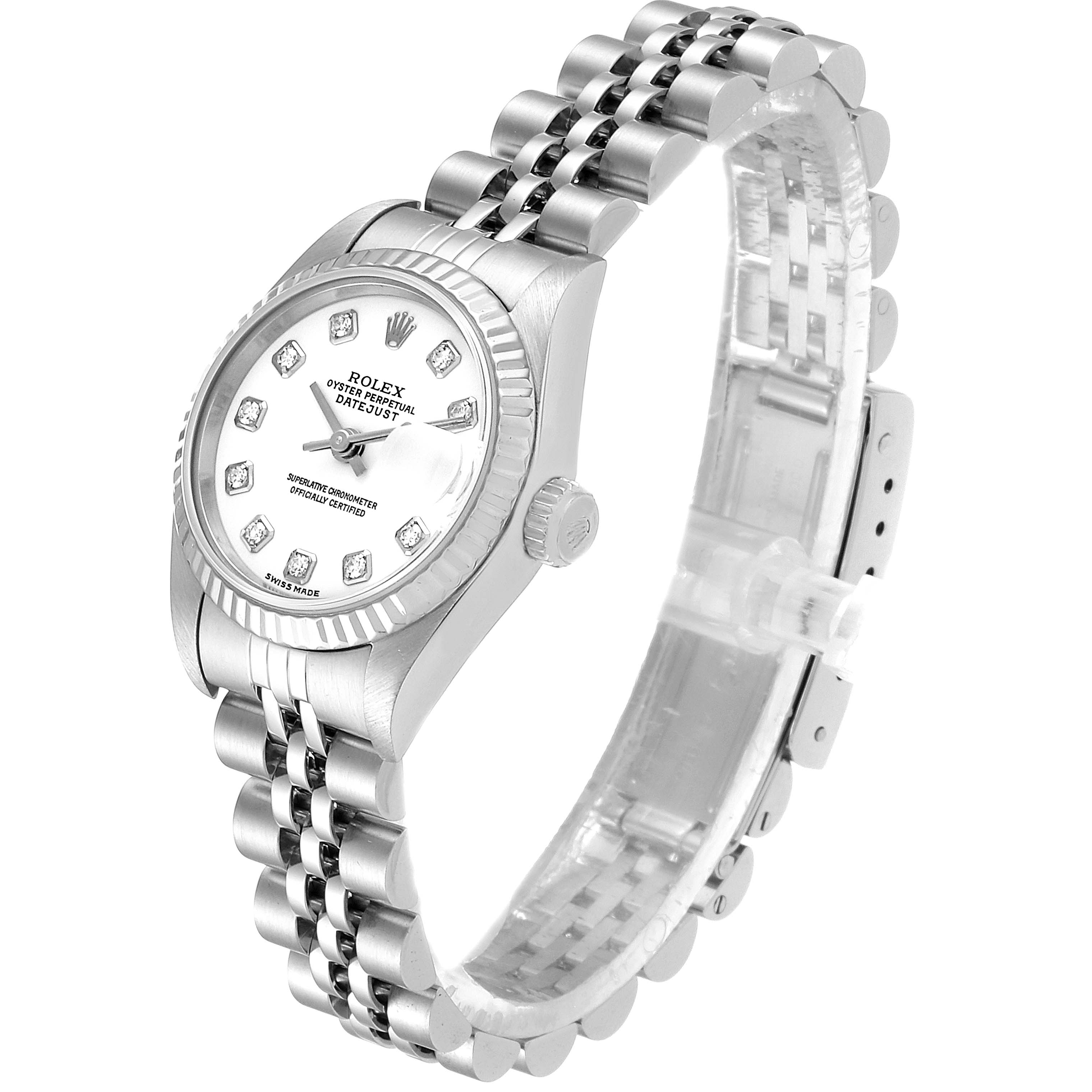 The Rolex Datejust 79174 Women
s Stainless Steel White Dial 79174 Women
s Stainless Steel White Dial watch is shown at a three-quarter angle, displaying the face, bezel, and part of the bracelet.