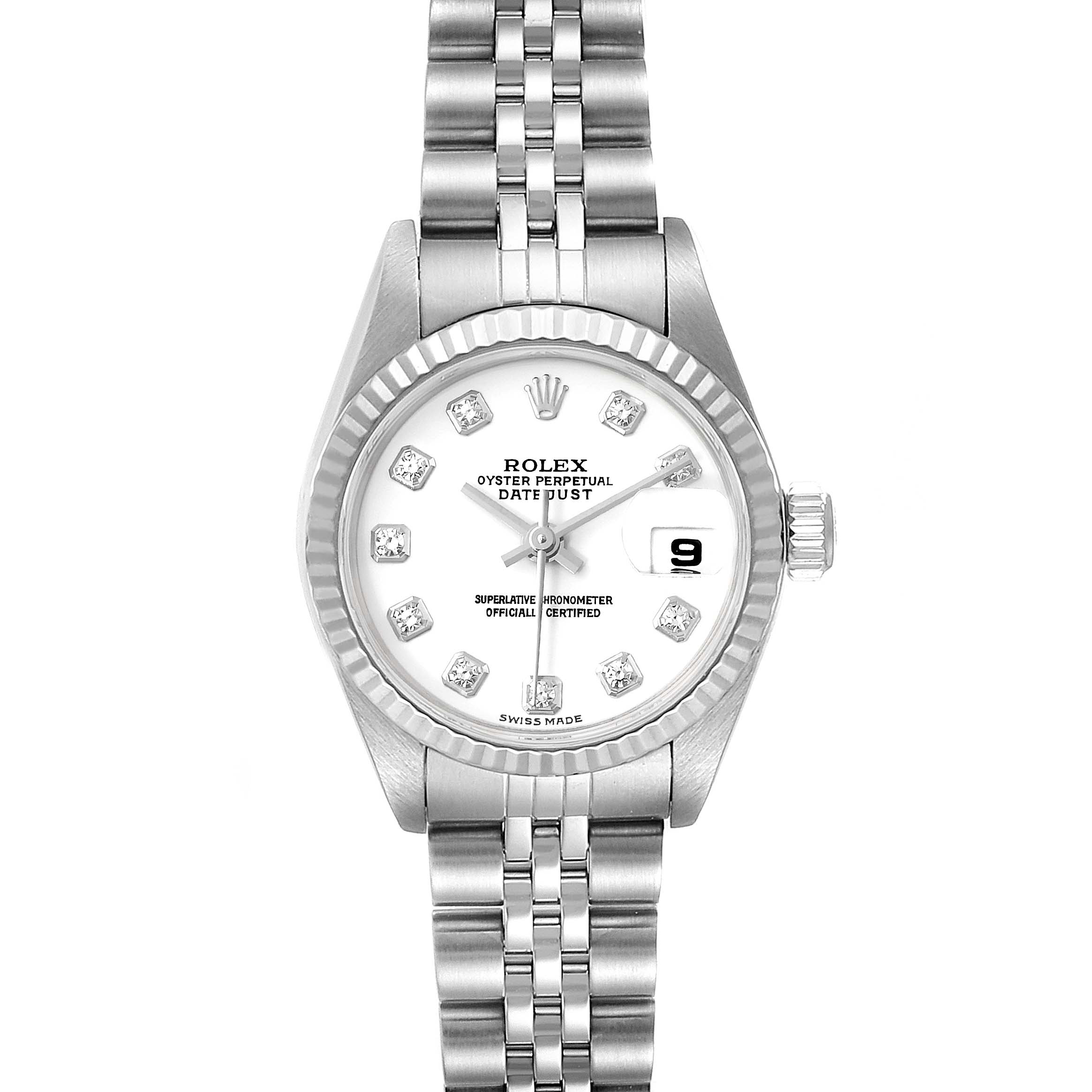 This is a head-on view of a Rolex Datejust 79174 Women
s Stainless Steel White Dial 79174 Women
s Stainless Steel White Dial watch showing the dial, bezel, bracelet, and crown.