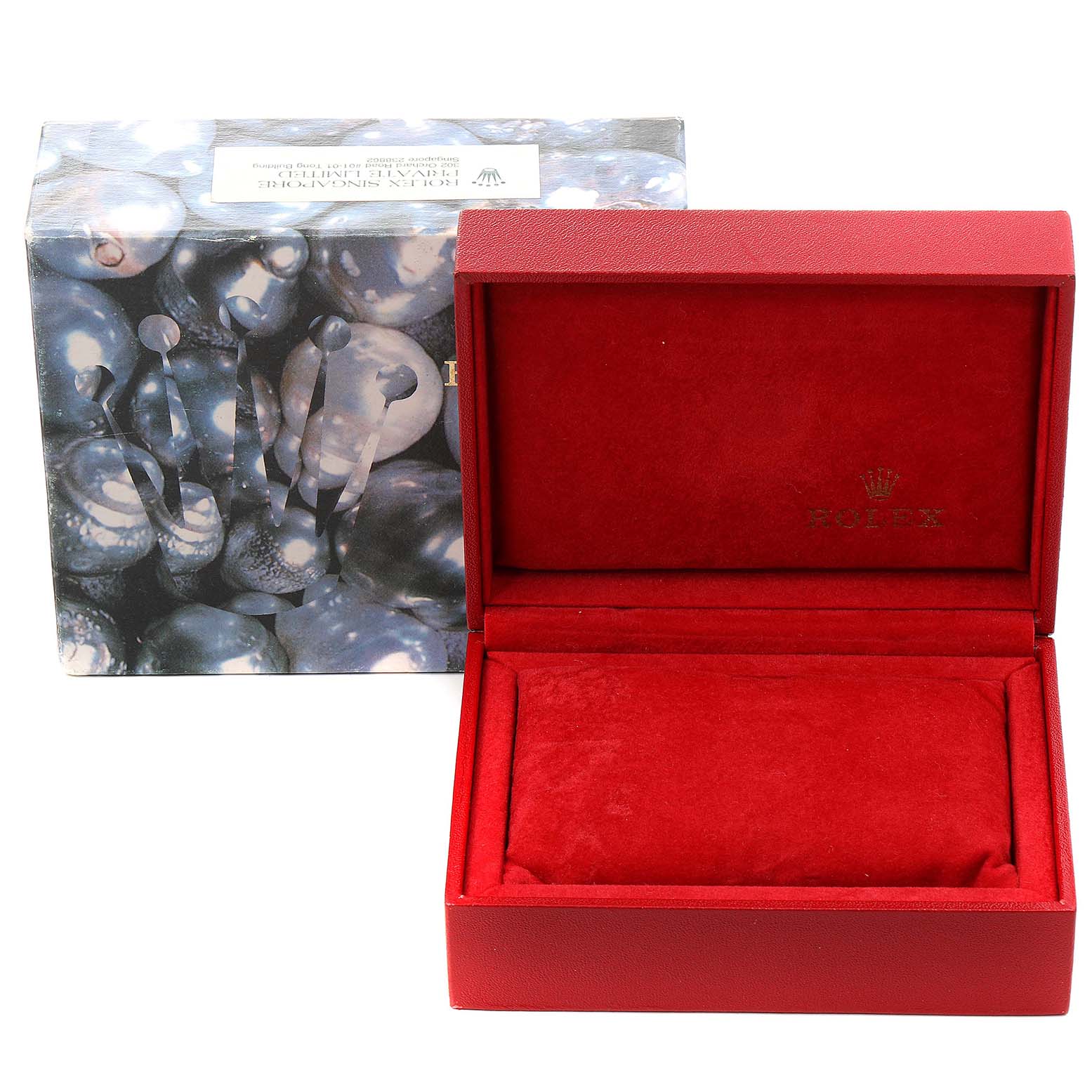 The image shows a Rolex Datejust 79174 Women
s Stainless Steel White Dial 79174 Women
s Stainless Steel White Dial watch box and the opened red interior watch case.