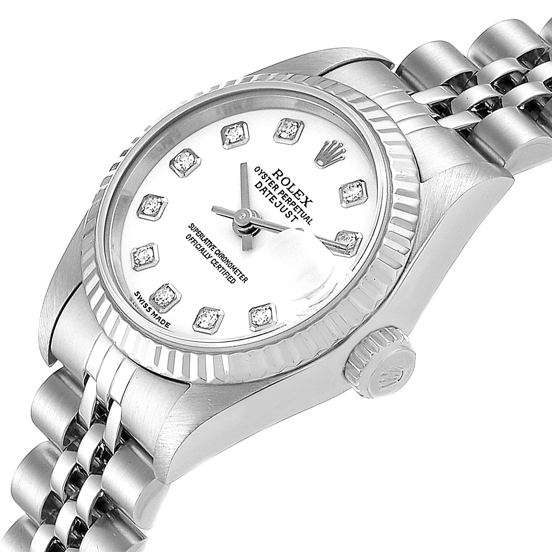 The image shows a Rolex Datejust 79174 Women
s Stainless Steel White Dial 79174 Women
s Stainless Steel White Dial watch at a slight angle, highlighting the dial, bezel, crown, and bracelet.