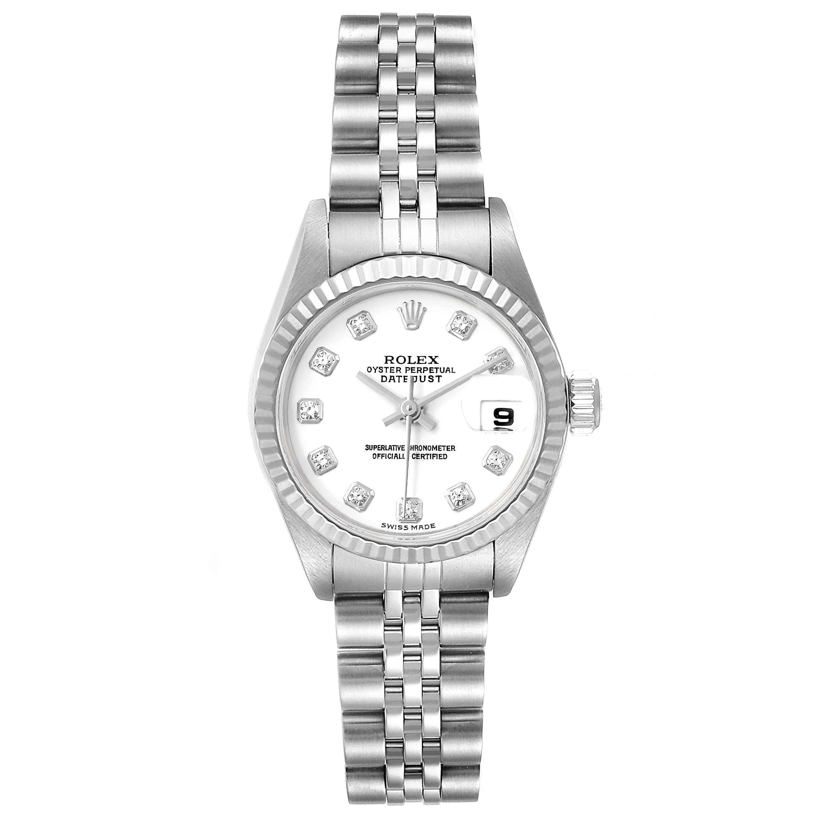 The Rolex Datejust 79174 Women
s Stainless Steel White Dial 79174 Women
s Stainless Steel White Dial watch is shown from a front angle, displaying the dial, bezel, and bracelet.