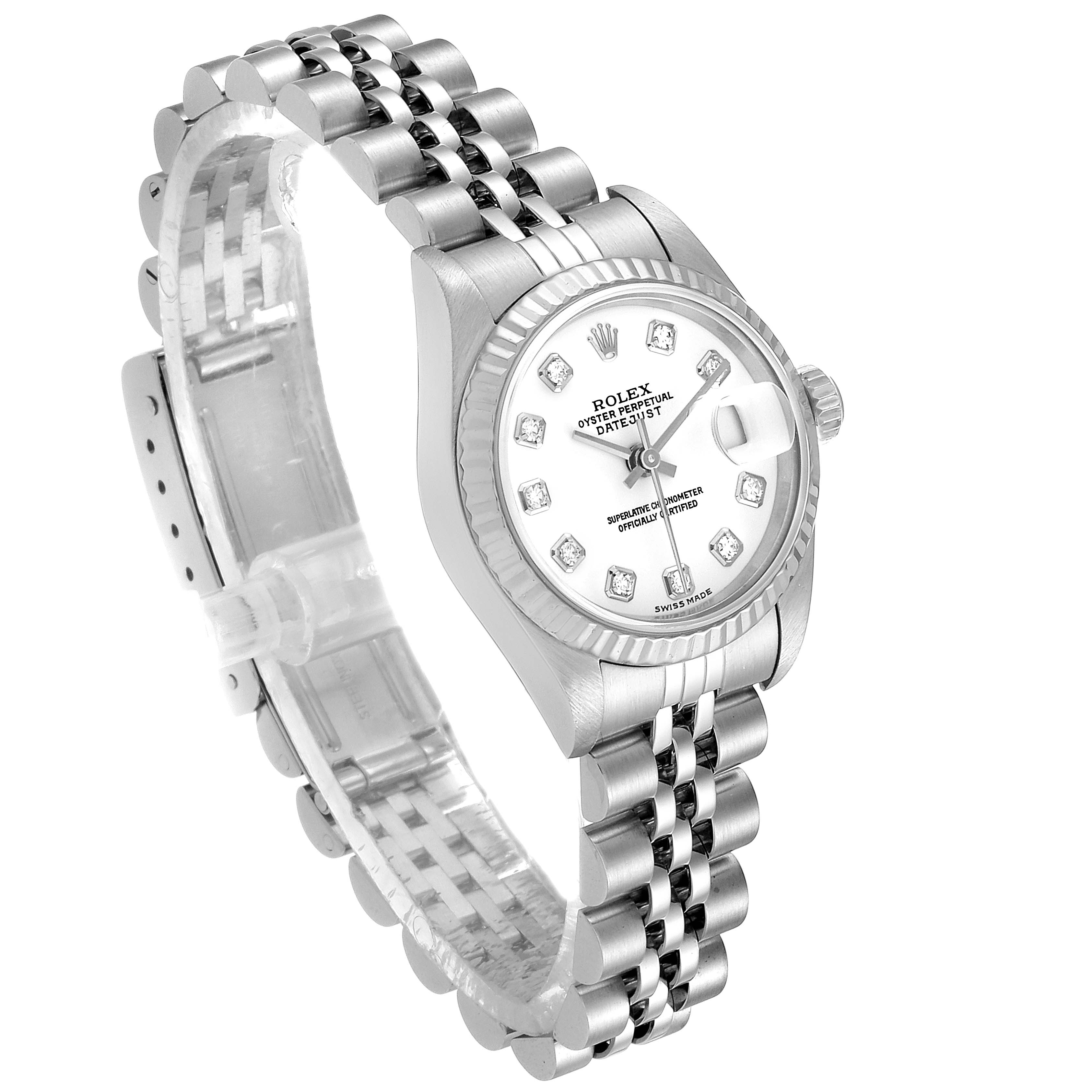 The Rolex Datejust 79174 Women
s Stainless Steel White Dial 79174 Women
s Stainless Steel White Dial model watch is shown at a slight angle, highlighting the face, bezel, crown, and bracelet.
