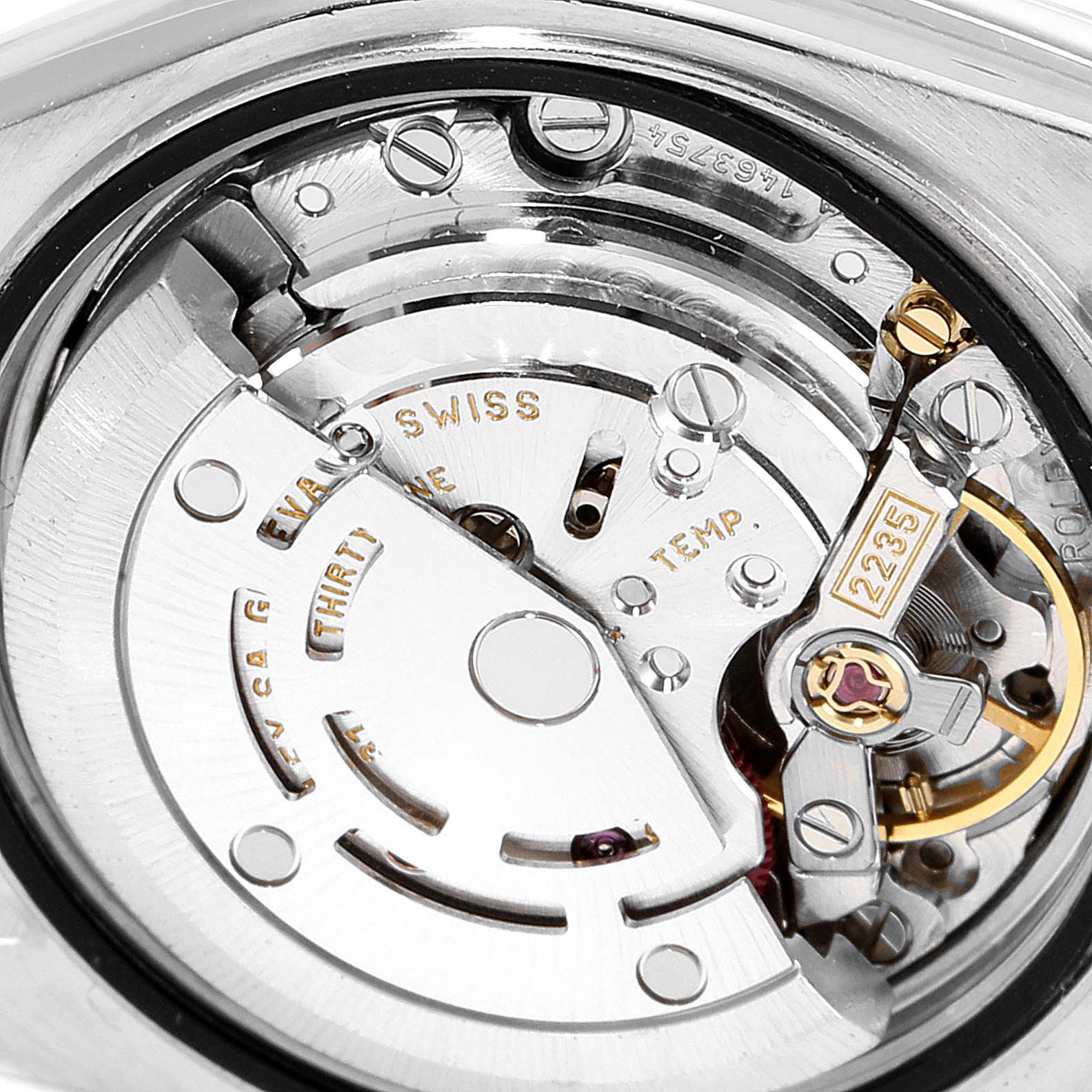 This image shows the detailed view of the movement inside a Rolex Datejust 79174 Women
s Stainless Steel White Dial 79174 Women
s Stainless Steel White Dial watch, highlighting its intricate mechanics.