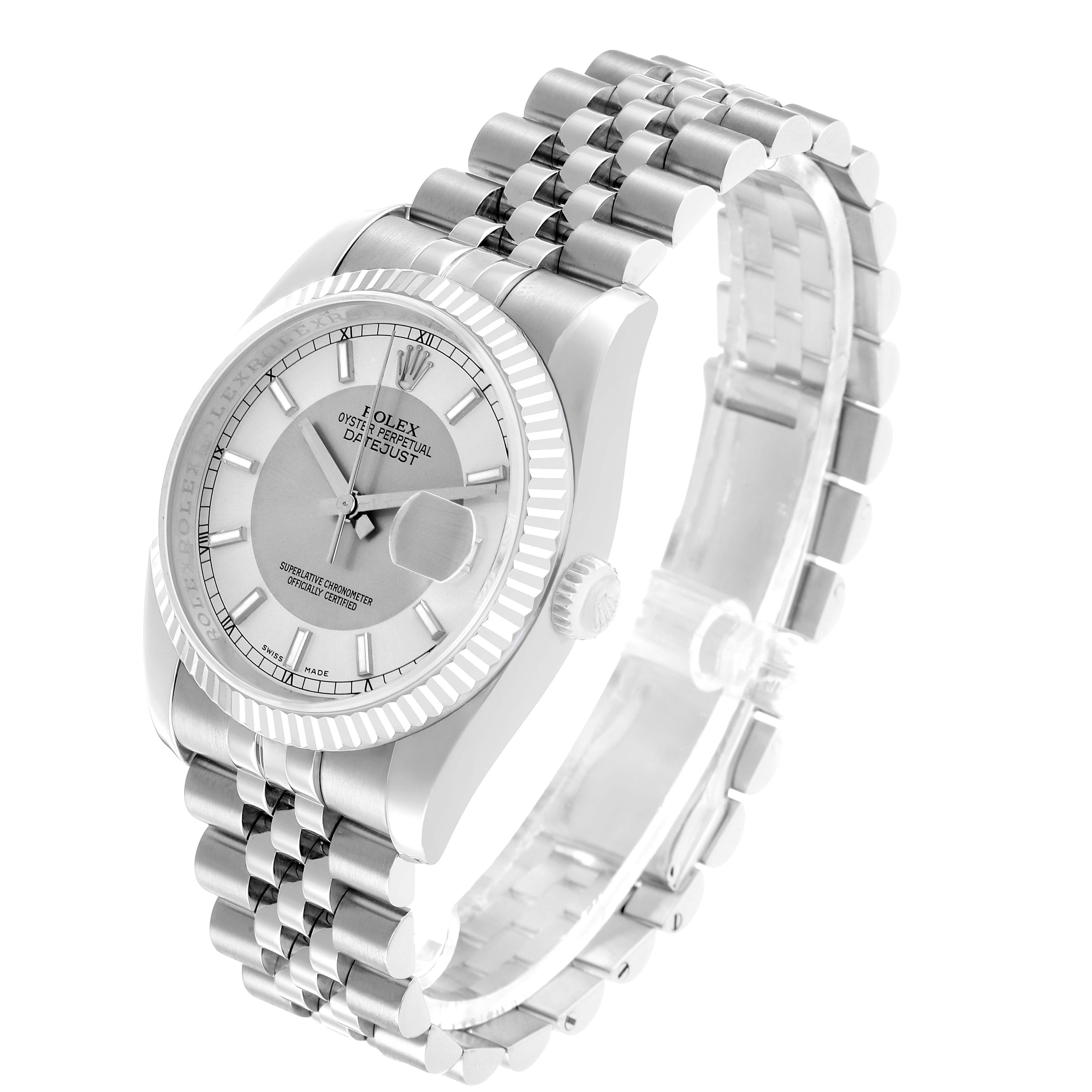The Rolex Datejust 116234 Men's Stainless Steel Silver Dial watch is shown at a three-quarter angle, highlighting the face, bezel, crown, and bracelet.