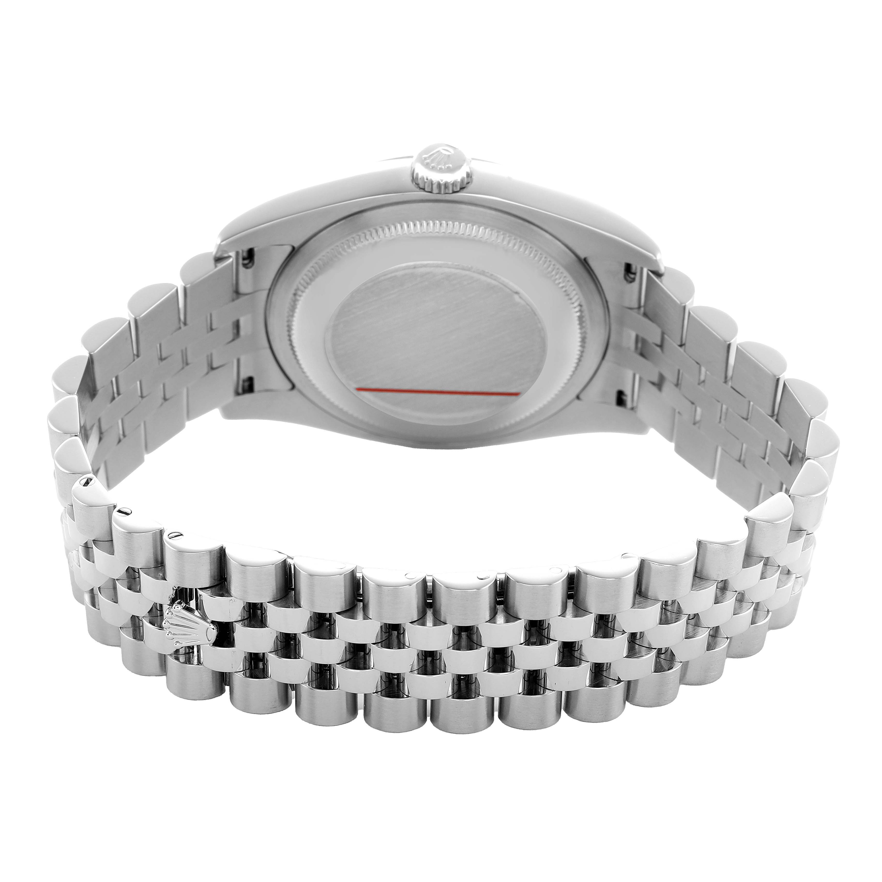 The image shows the back of a Rolex Datejust 116234 Men's Stainless Steel Silver Dial watch, focusing on the case back and Jubilee bracelet.