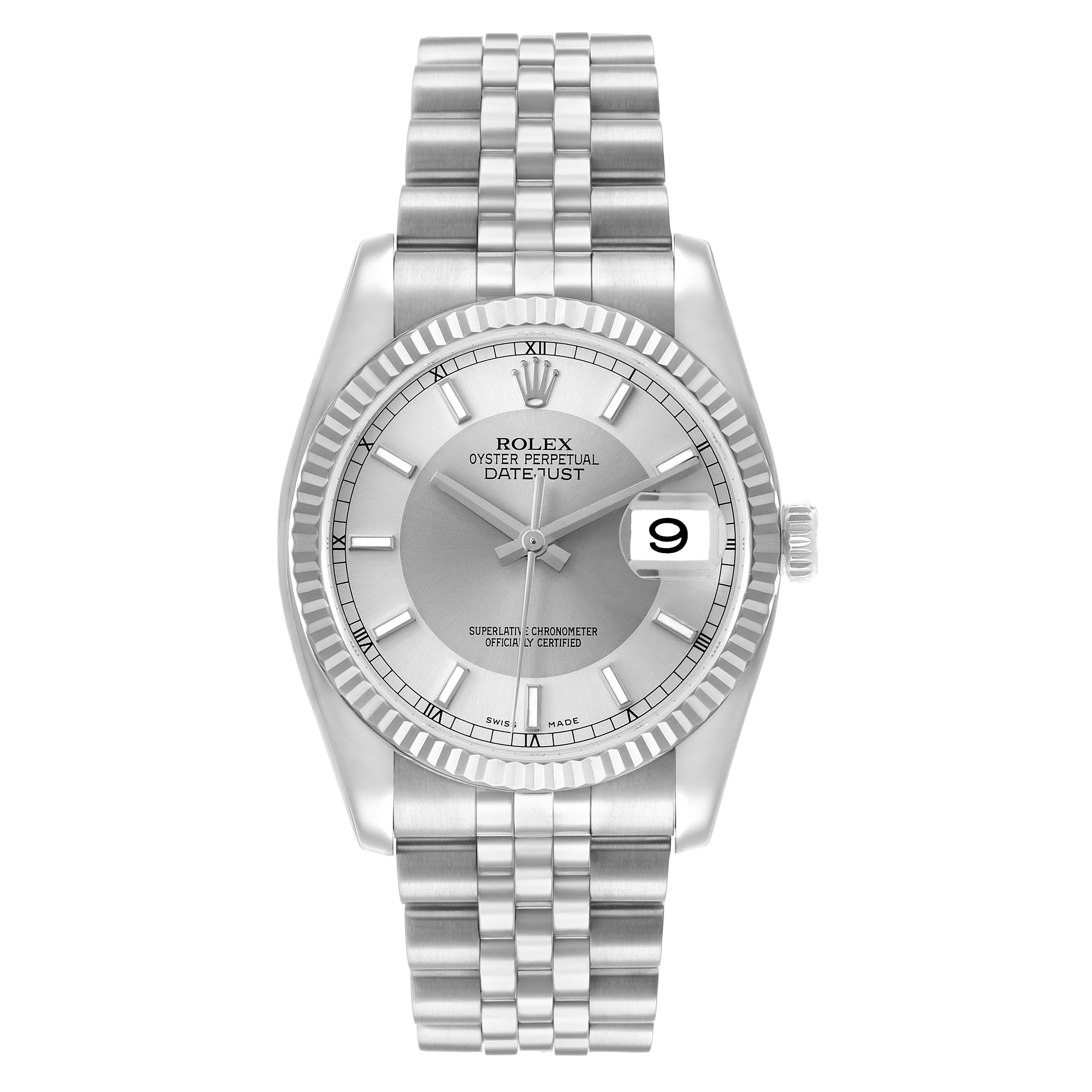 The Rolex Datejust 116234 Men's Stainless Steel Silver Dial watch is shown from a top-down angle, highlighting its dial, bezel, bracelet, and crown.
