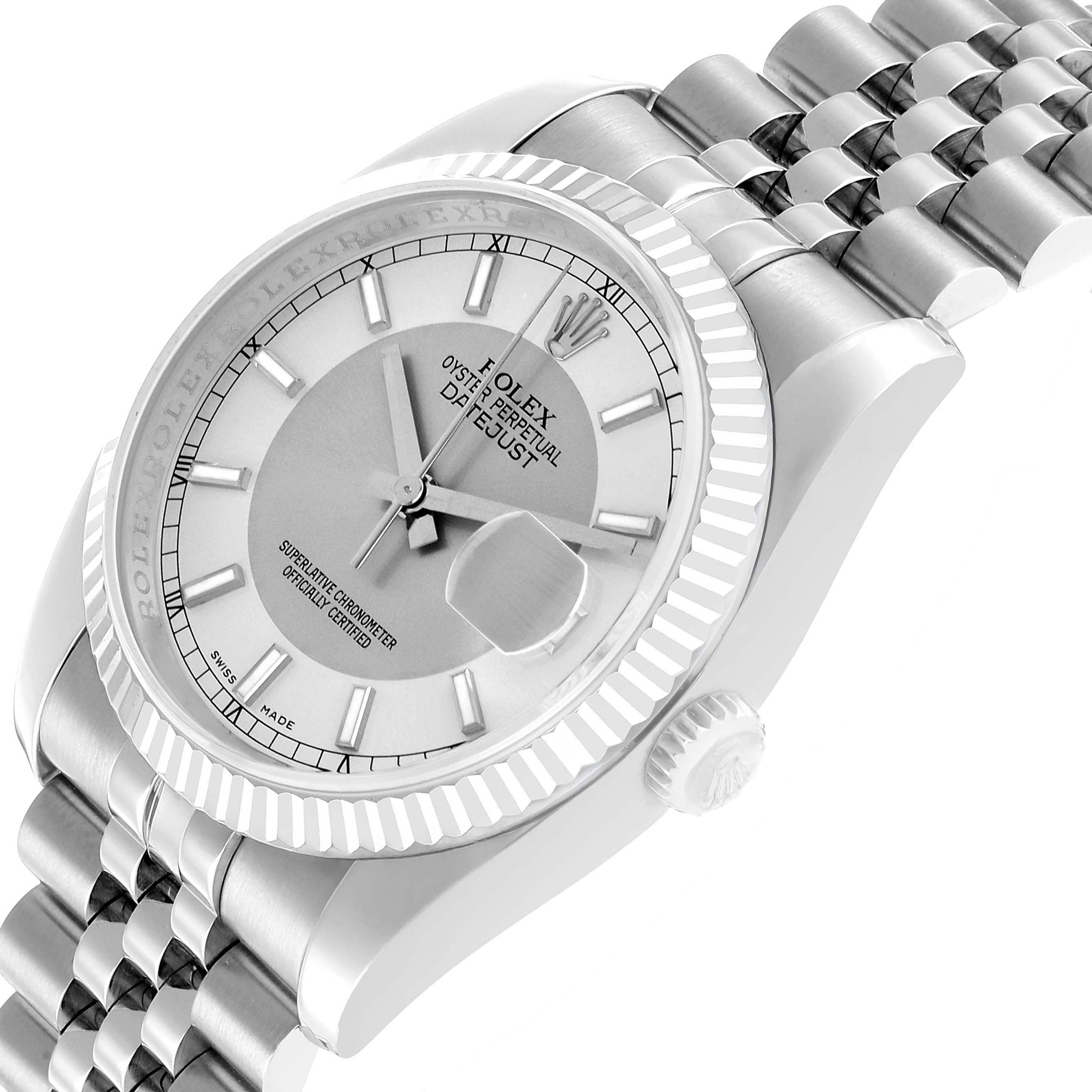 The Rolex Datejust 116234 Men's Stainless Steel Silver Dial watch is shown at an angle highlighting its dial, bezel, crown, and part of the bracelet.