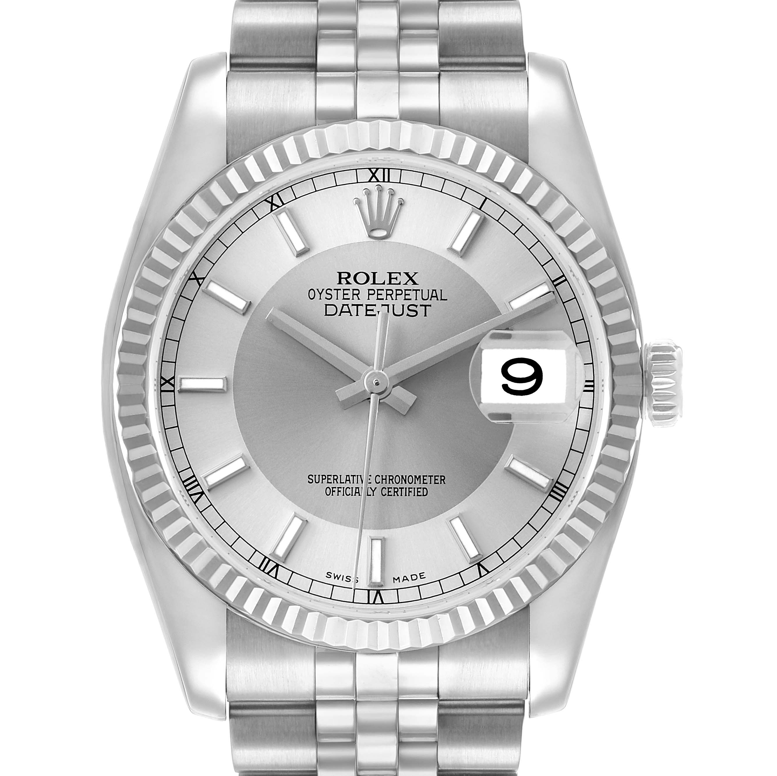 The Rolex Datejust 116234 Men's Stainless Steel Silver Dial watch is shown from a front angle, highlighting the dial, bezel, bracelet, and date window.