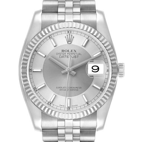The Rolex Datejust 116234 Men's Stainless Steel Silver Dial watch is shown from a top-down angle, displaying the face, bezel, bracelet, and crown.