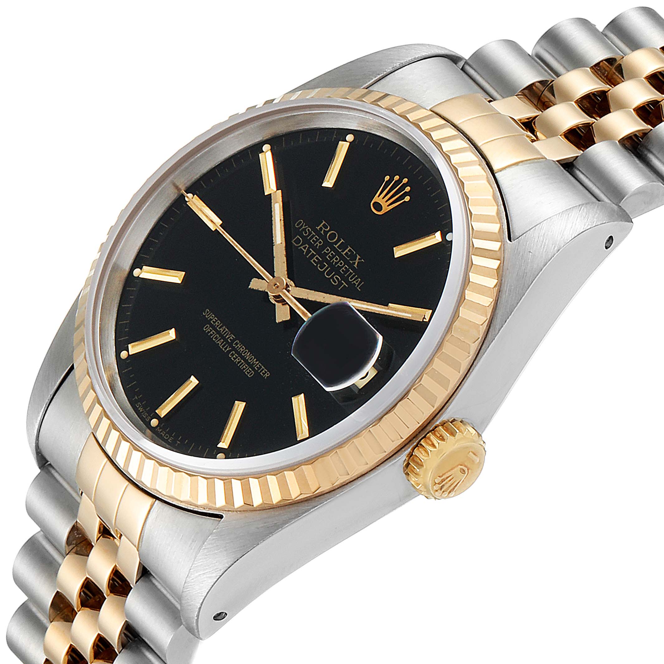 The image shows a Rolex Datejust 16233 Men's Steel and Gold (two tone) Black Dial 16233 Men's Steel and Gold (two tone) Black Dial watch at an oblique angle, focusing on the black dial, date magnifier, and two-tone bracelet.
