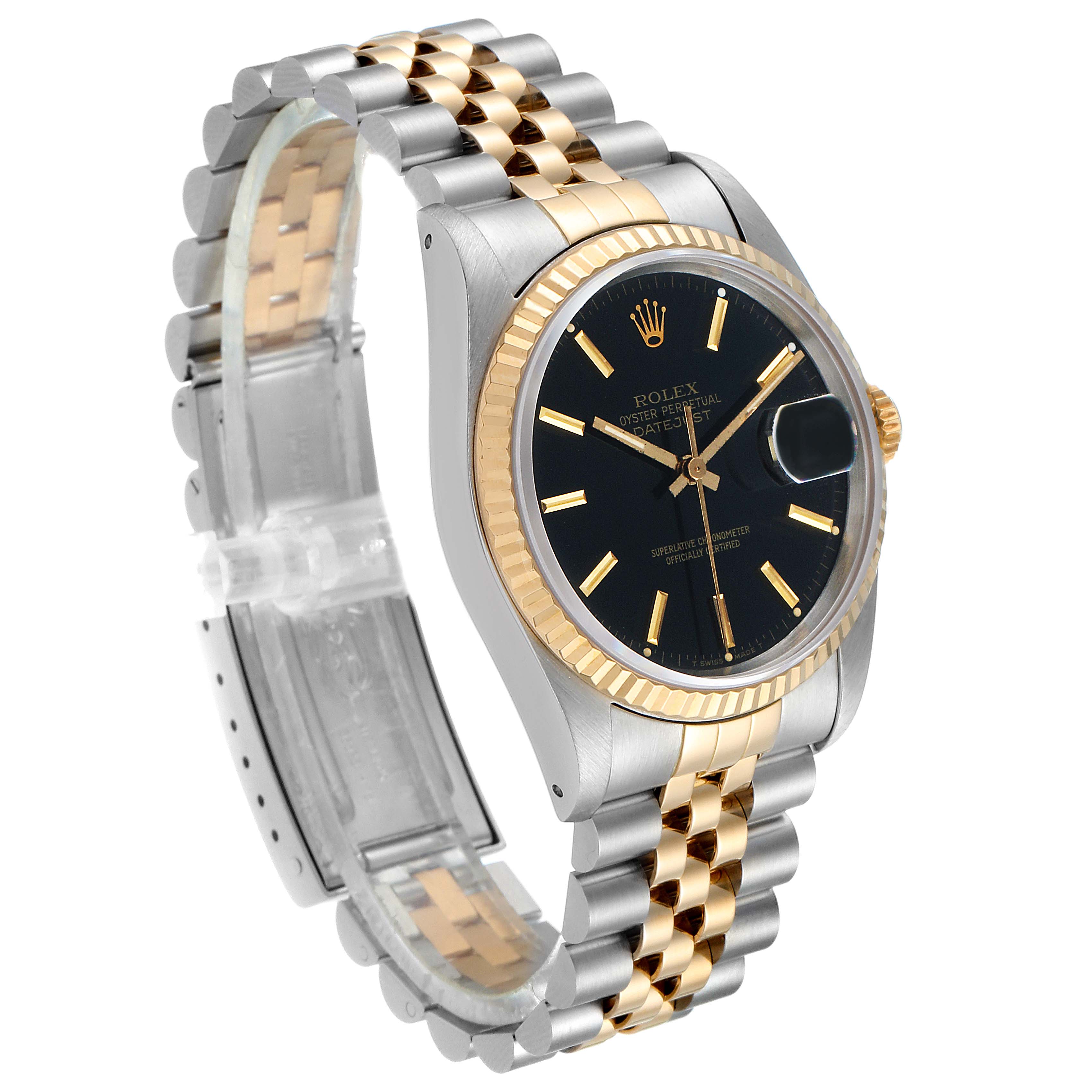 This image shows a Rolex Datejust 16233 Men's Steel and Gold (two tone) Black Dial 16233 Men's Steel and Gold (two tone) Black Dial watch from a side angle, displaying its two-tone bracelet and black dial with a date window.