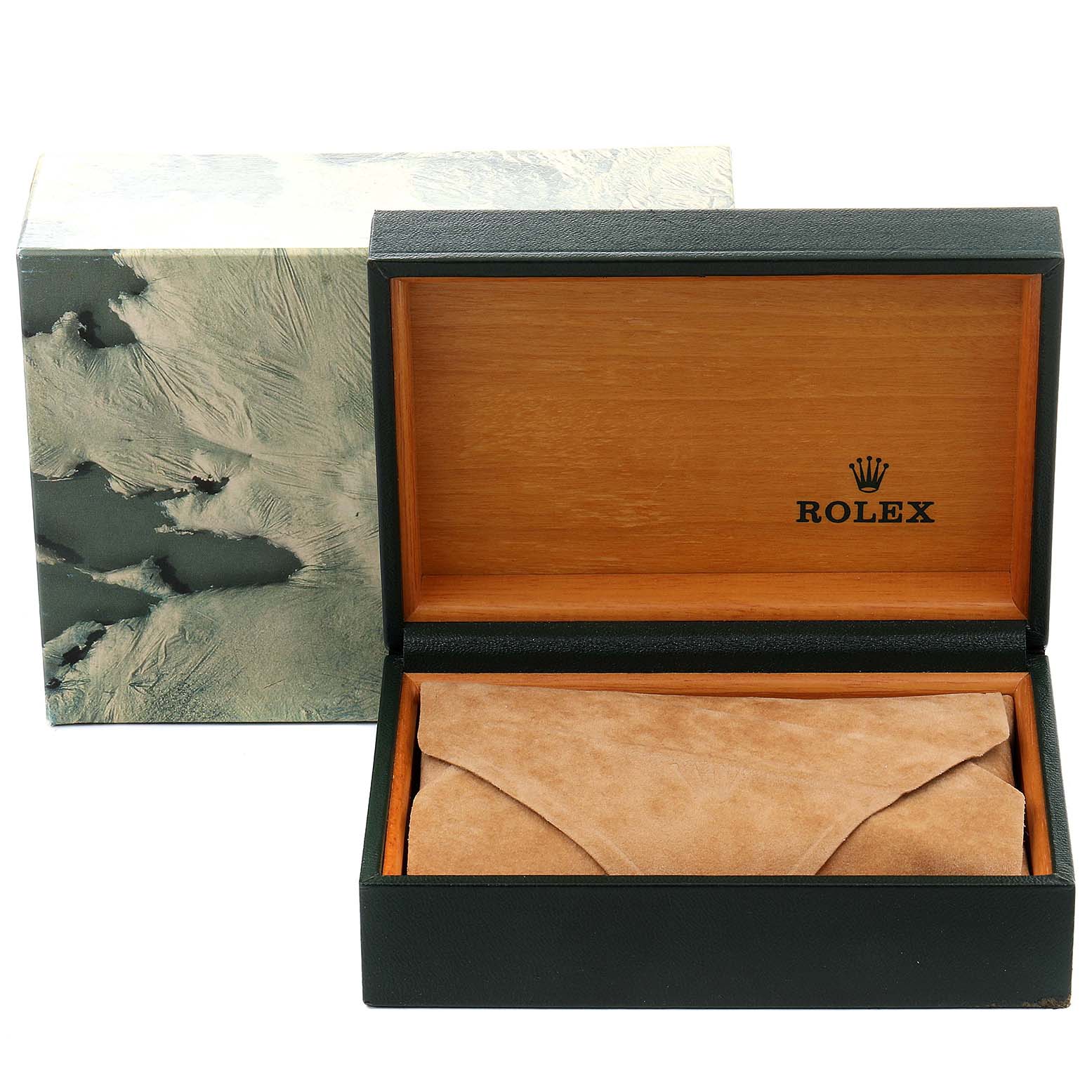 The image shows an open Rolex Datejust 16233 Men's Steel and Gold (two tone) Black Dial 16233 Men's Steel and Gold (two tone) Black Dial watch box and a suede pouch inside, revealing the Rolex logo on the wooden interior lid.