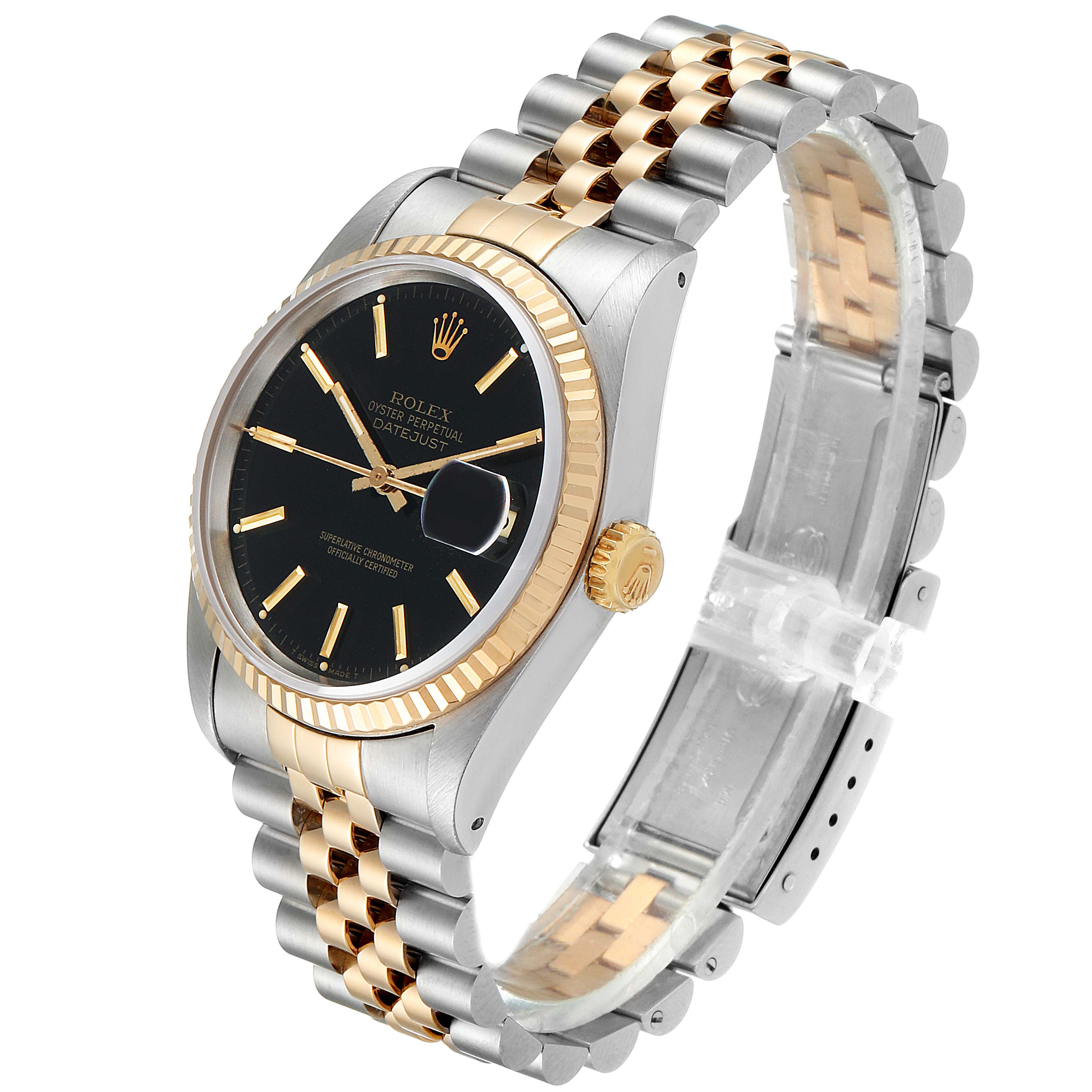 This image shows a Rolex Datejust 16233 Men's Steel and Gold (two tone) Black Dial 16233 Men's Steel and Gold (two tone) Black Dial watch at an angle showcasing the dial, bezel, crown, and bracelet.