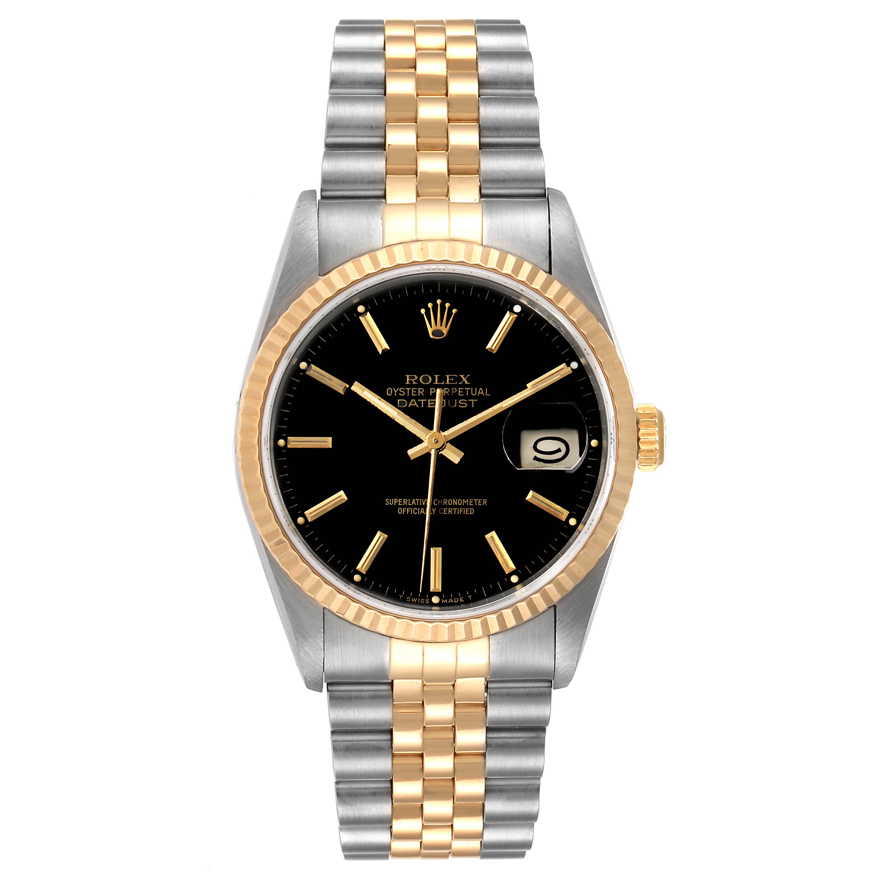 This is a frontal view of the Rolex Datejust 16233 Men's Steel and Gold (two tone) Black Dial 16233 Men's Steel and Gold (two tone) Black Dial watch, showing the dial, bezel, and two-tone bracelet.