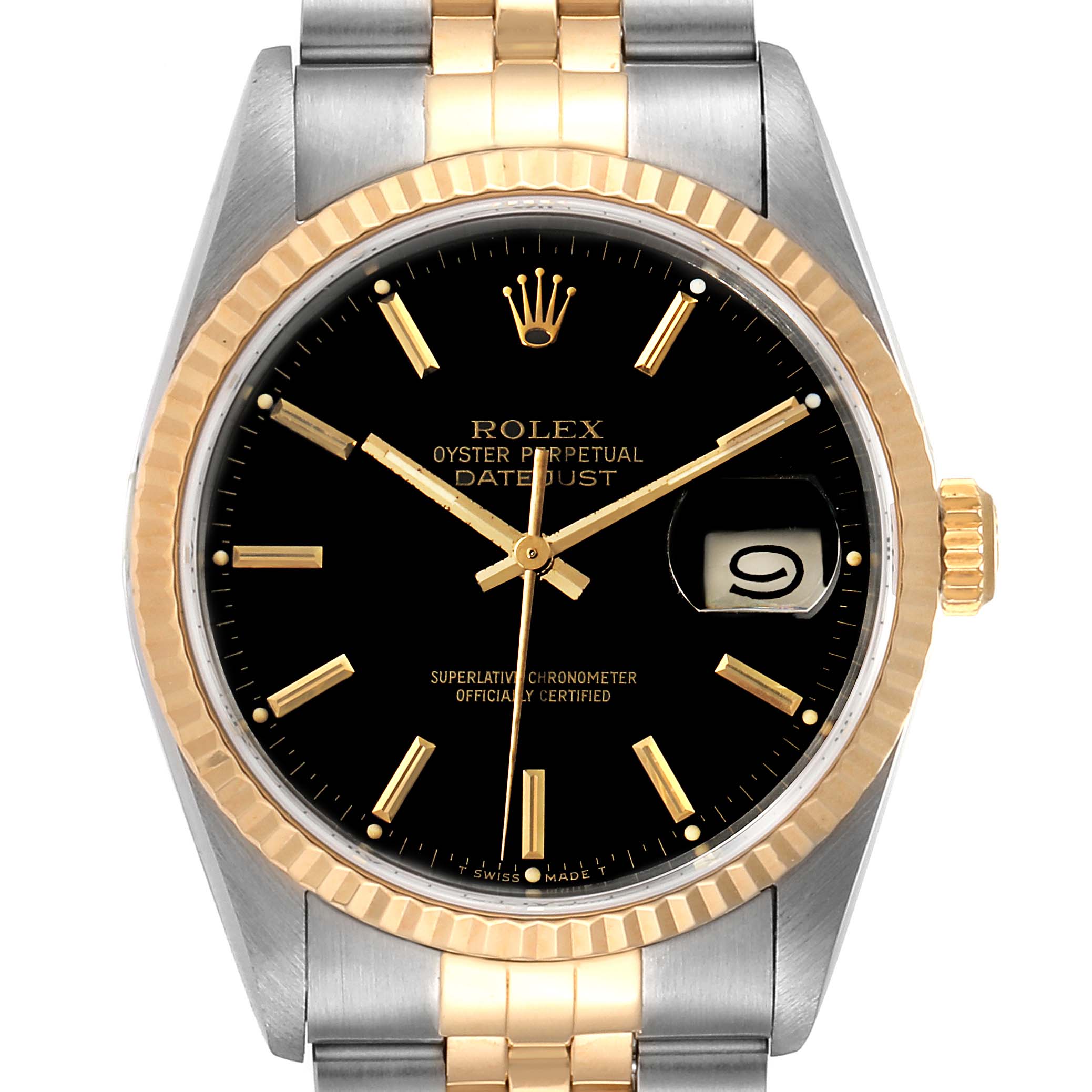 The Rolex Datejust 16233 Men's Steel and Gold (two tone) Black Dial 16233 Men's Steel and Gold (two tone) Black Dial watch is shown from the front, displaying the dial, bezel, and bracelet.