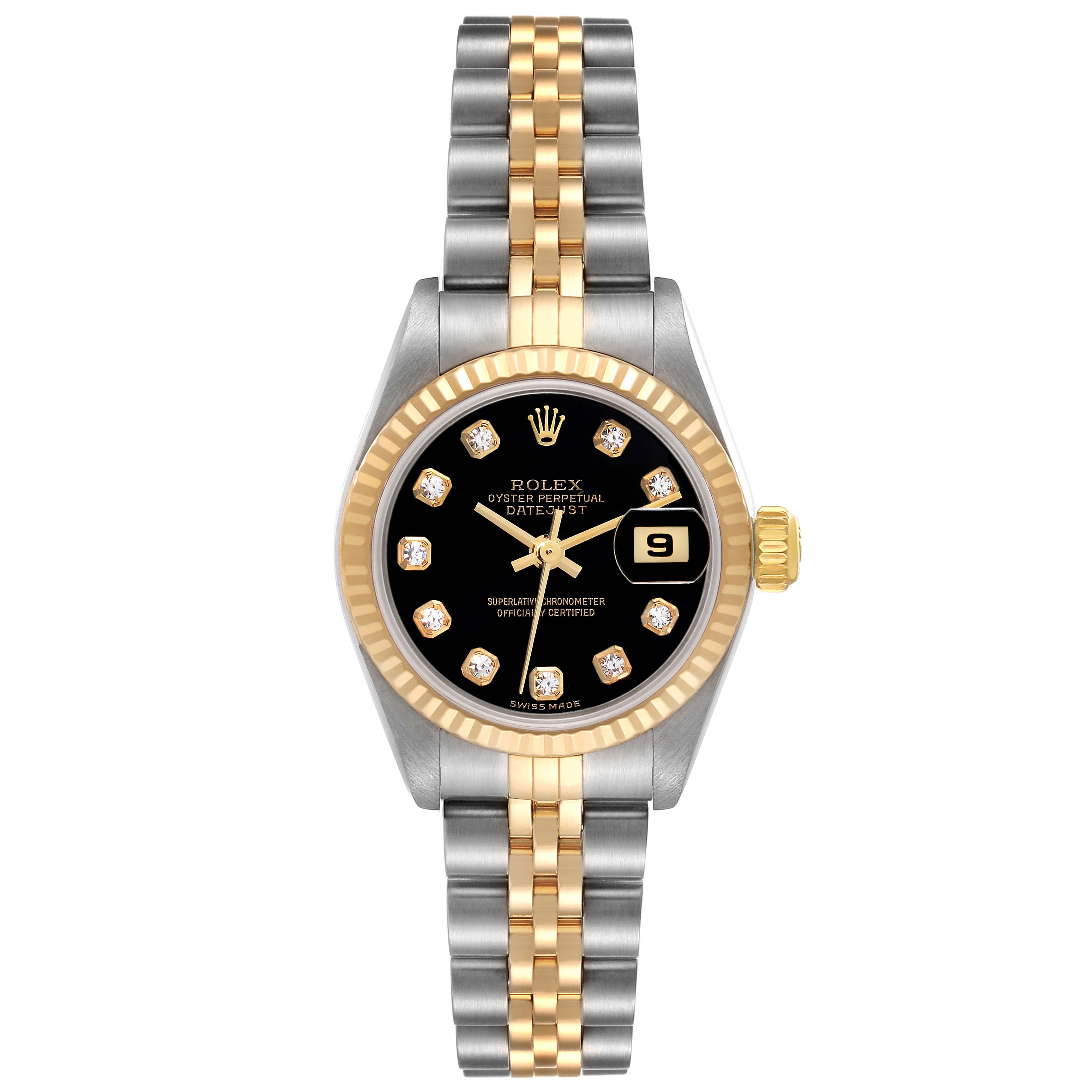 The image shows a Rolex Datejust 79173 Women's Steel and Gold (two tone) Black Dial 79173 Women's Steel and Gold (two tone) Black Dial watch from the front, featuring a black dial, two-tone bracelet, and a fluted gold bezel.