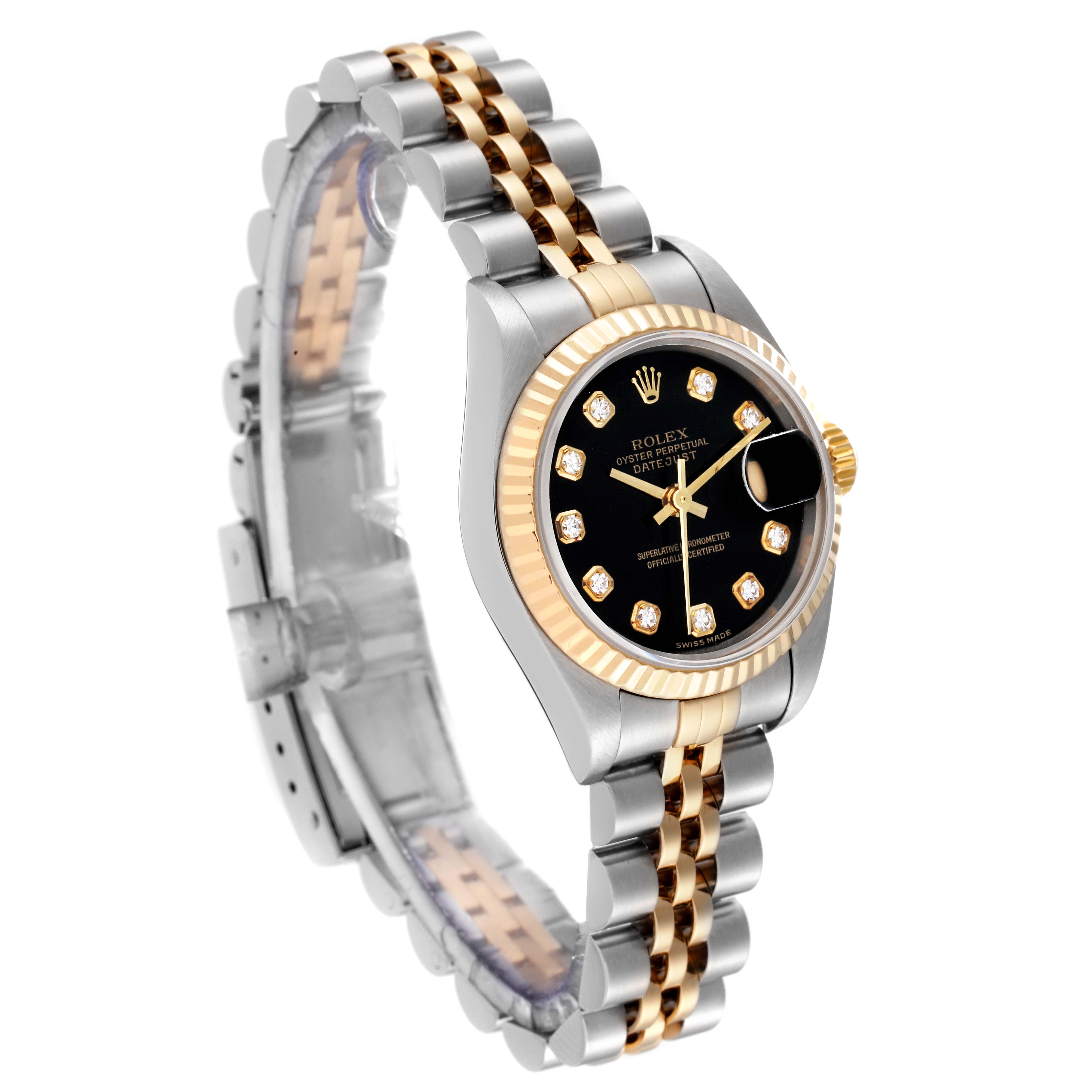 The image shows a side angle of a Rolex Datejust 79173 Women's Steel and Gold (two tone) Black Dial 79173 Women's Steel and Gold (two tone) Black Dial watch, highlighting the dial, fluted bezel, and two-tone bracelet.