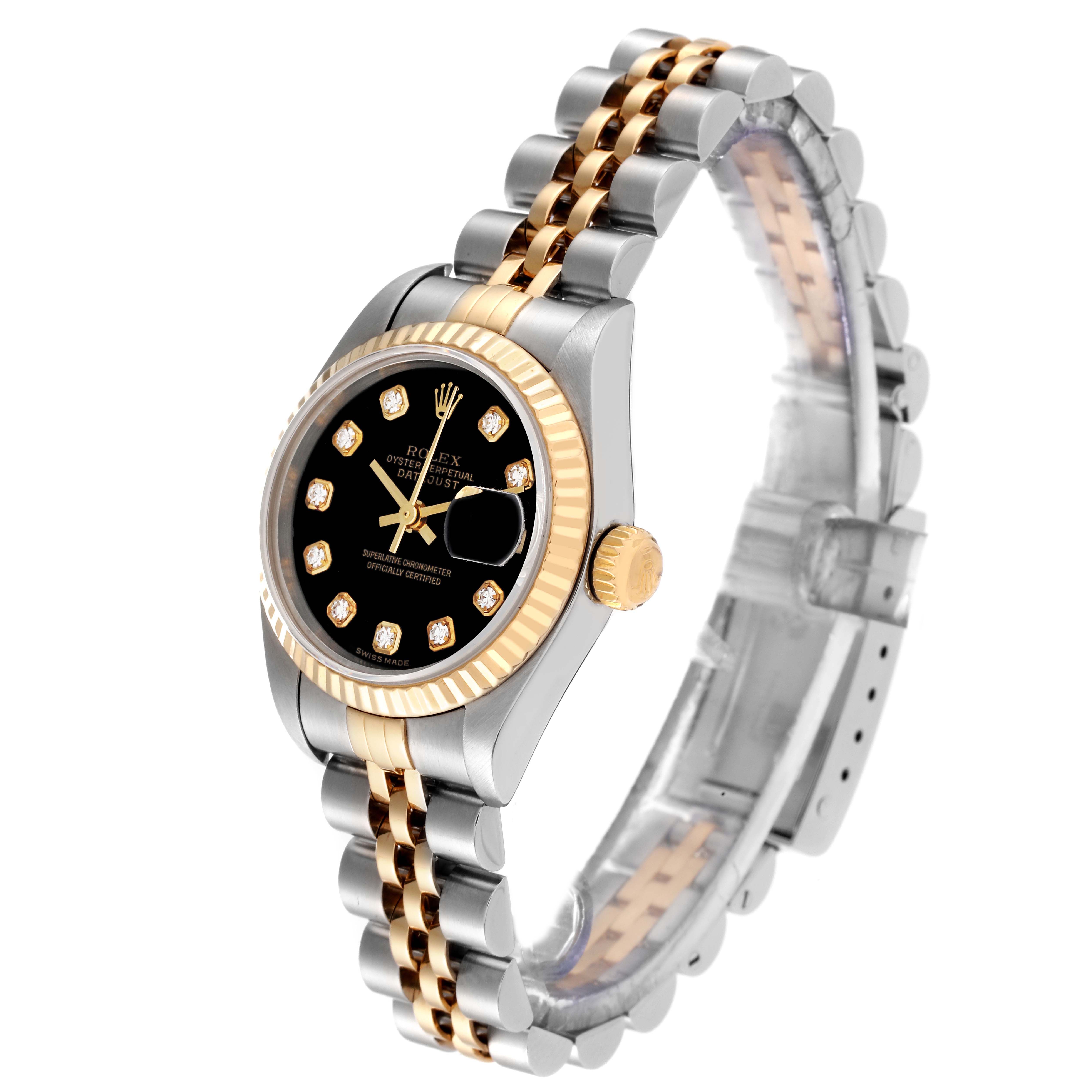 The image shows a side and front angle of the Rolex Datejust 79173 Women's Steel and Gold (two tone) Black Dial 79173 Women's Steel and Gold (two tone) Black Dial watch, featuring its bezel, dial, crown, and two-tone bracelet.