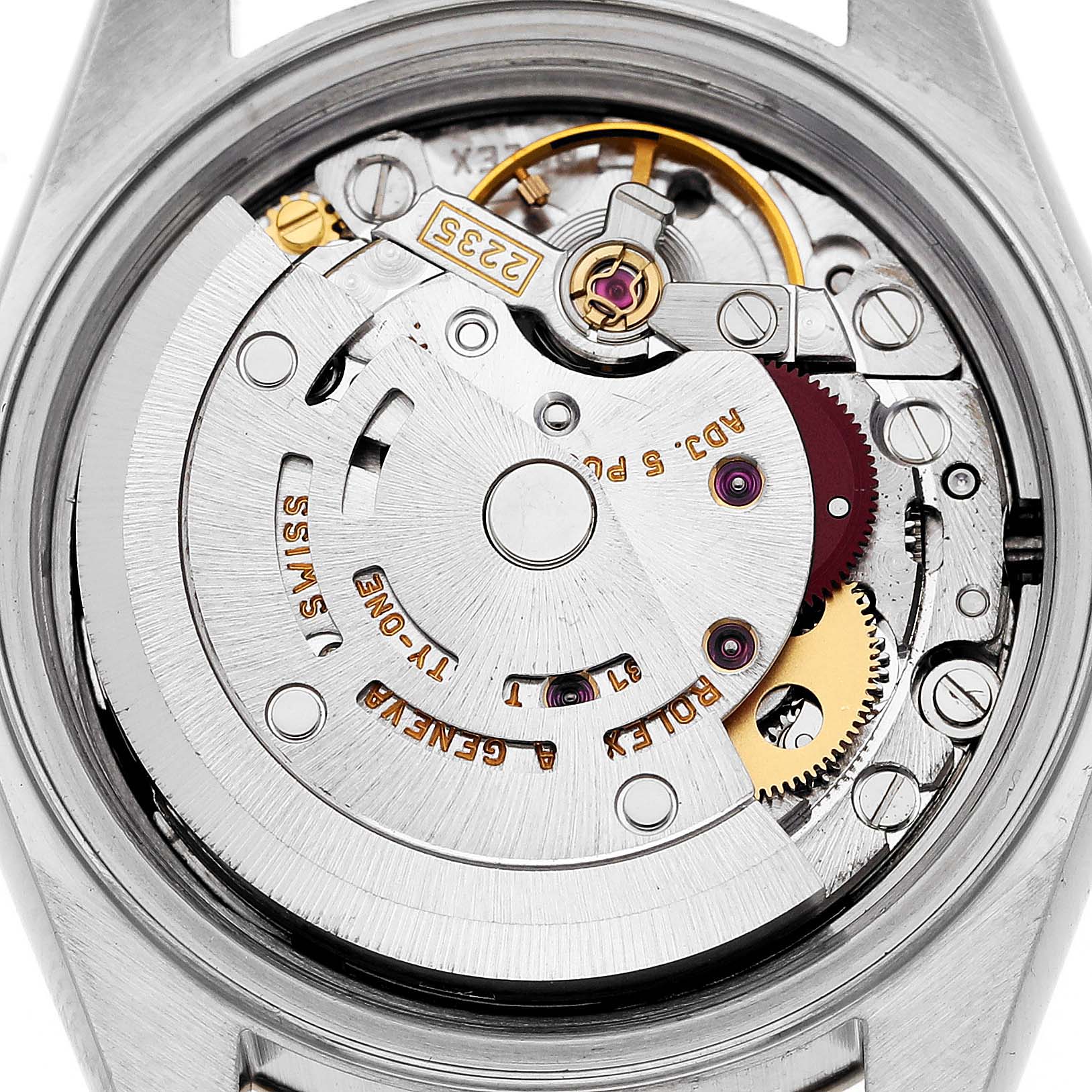 This is an image showing the movement mechanism of a Rolex Datejust 79173 Women's Steel and Gold (two tone) Black Dial 79173 Women's Steel and Gold (two tone) Black Dial watch from a back angle.