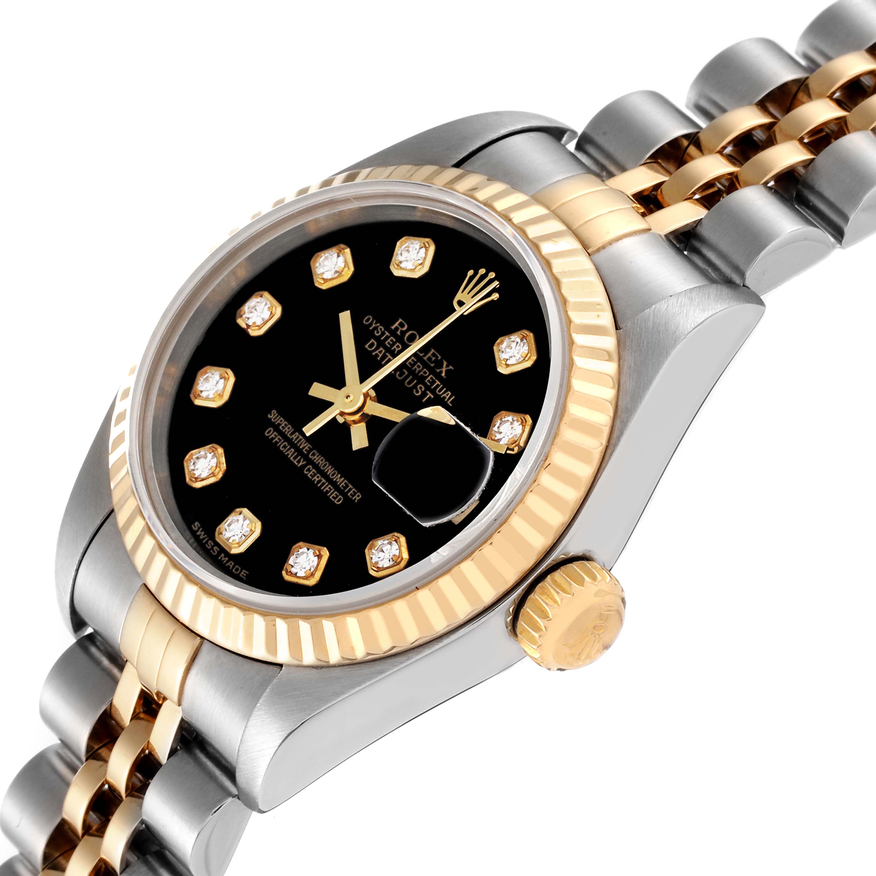 This image shows a close-up angle of the Rolex Datejust 79173 Women's Steel and Gold (two tone) Black Dial 79173 Women's Steel and Gold (two tone) Black Dial watch, highlighting its black dial, fluted bezel, and two-tone bracelet.