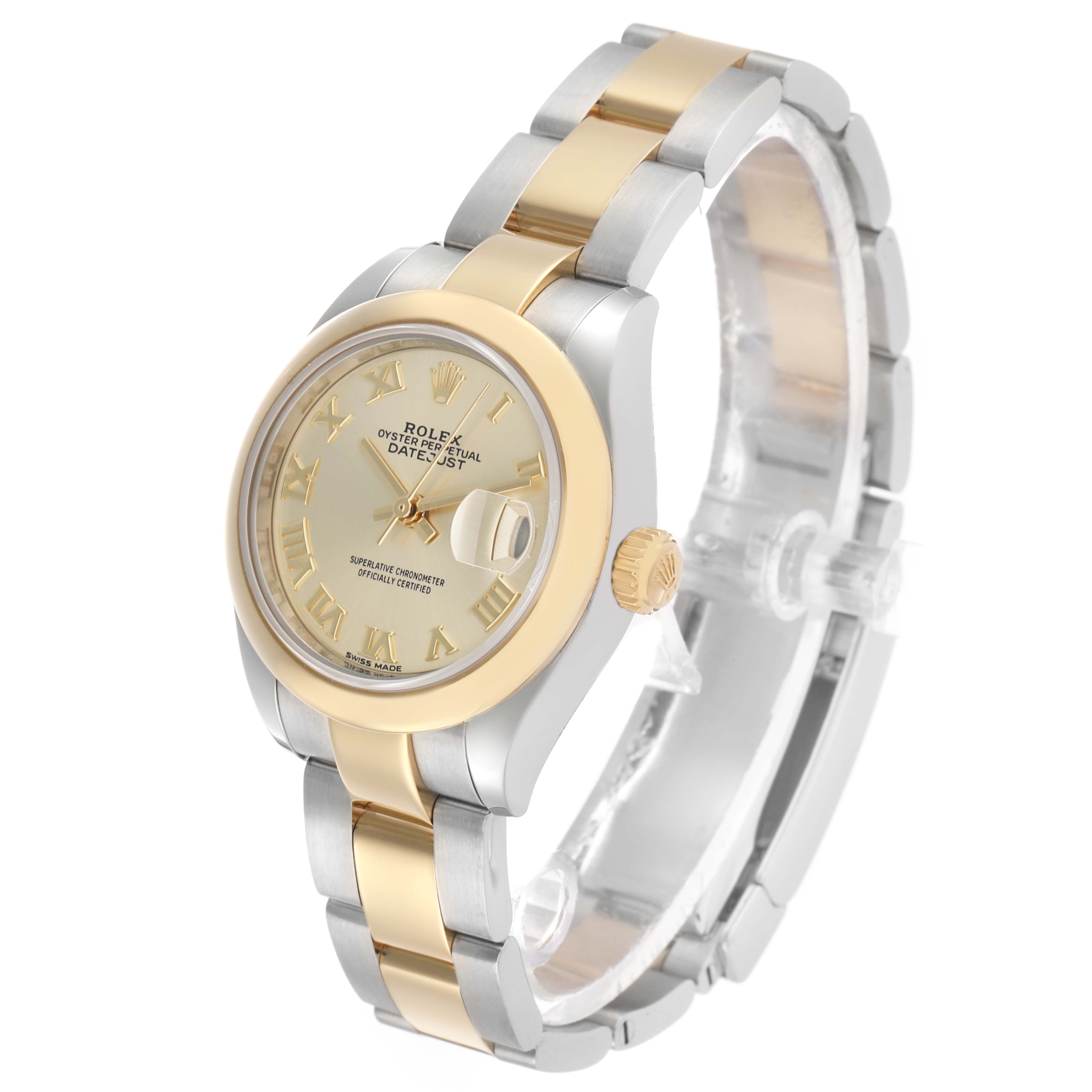 The Rolex Datejust 279163 Women's Steel and Gold (two tone) Champagne Dial watch is shown at a three-quarter angle, displaying the face, bracelet, bezel, crown, and part of the clasp.